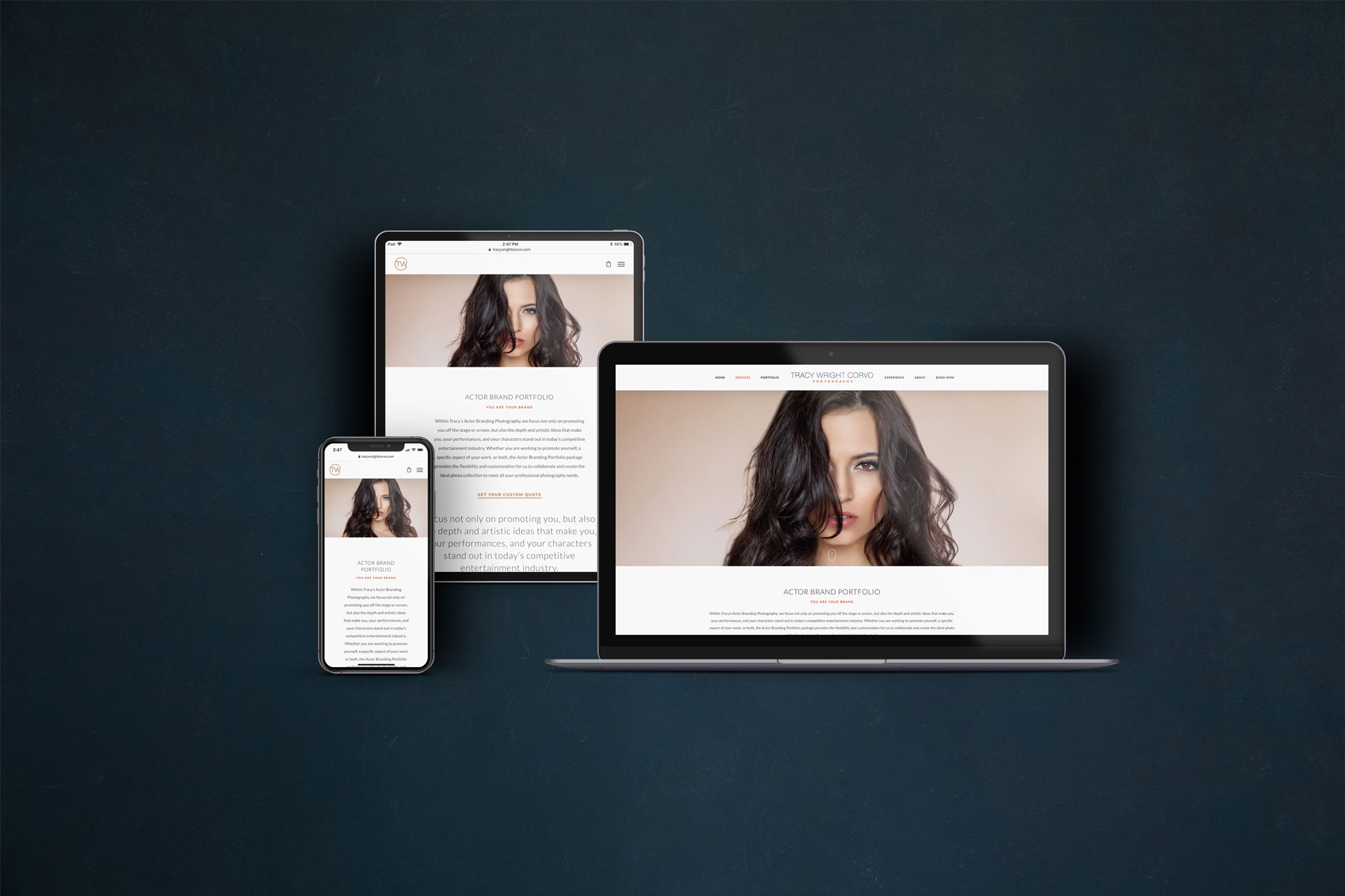 Website design service page mockups laptop ipad iphone - Tracy Wright Corvo Photography - Whiskey and Red Small Business Branding and Website Design Packages
