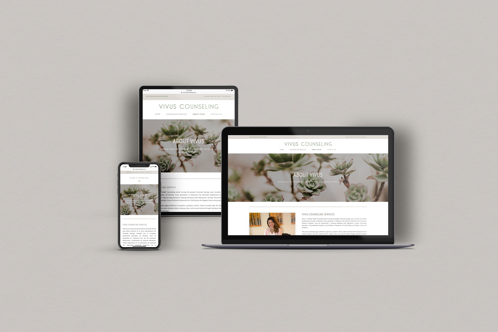 Website design about page mockups laptop iphone ipad - Vivus Counseling - Whiskey and Red Small Business Branding and Website Design Packages