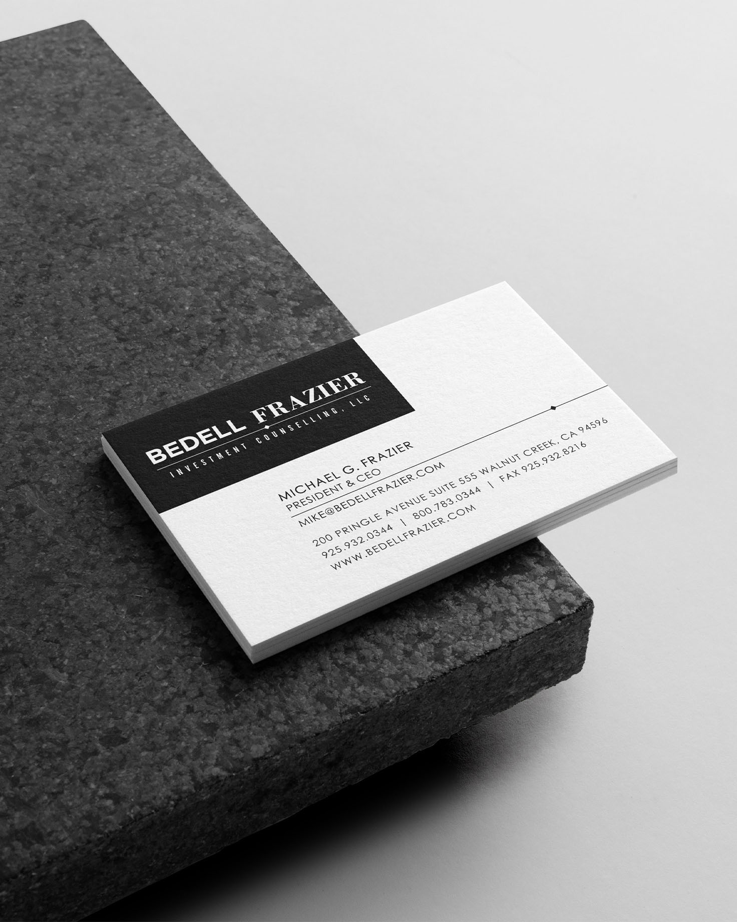 Business Card Design mockup for Bedell Frazier Investment Counselling - Whiskey and Red Small Business Branding and Website Design Packages