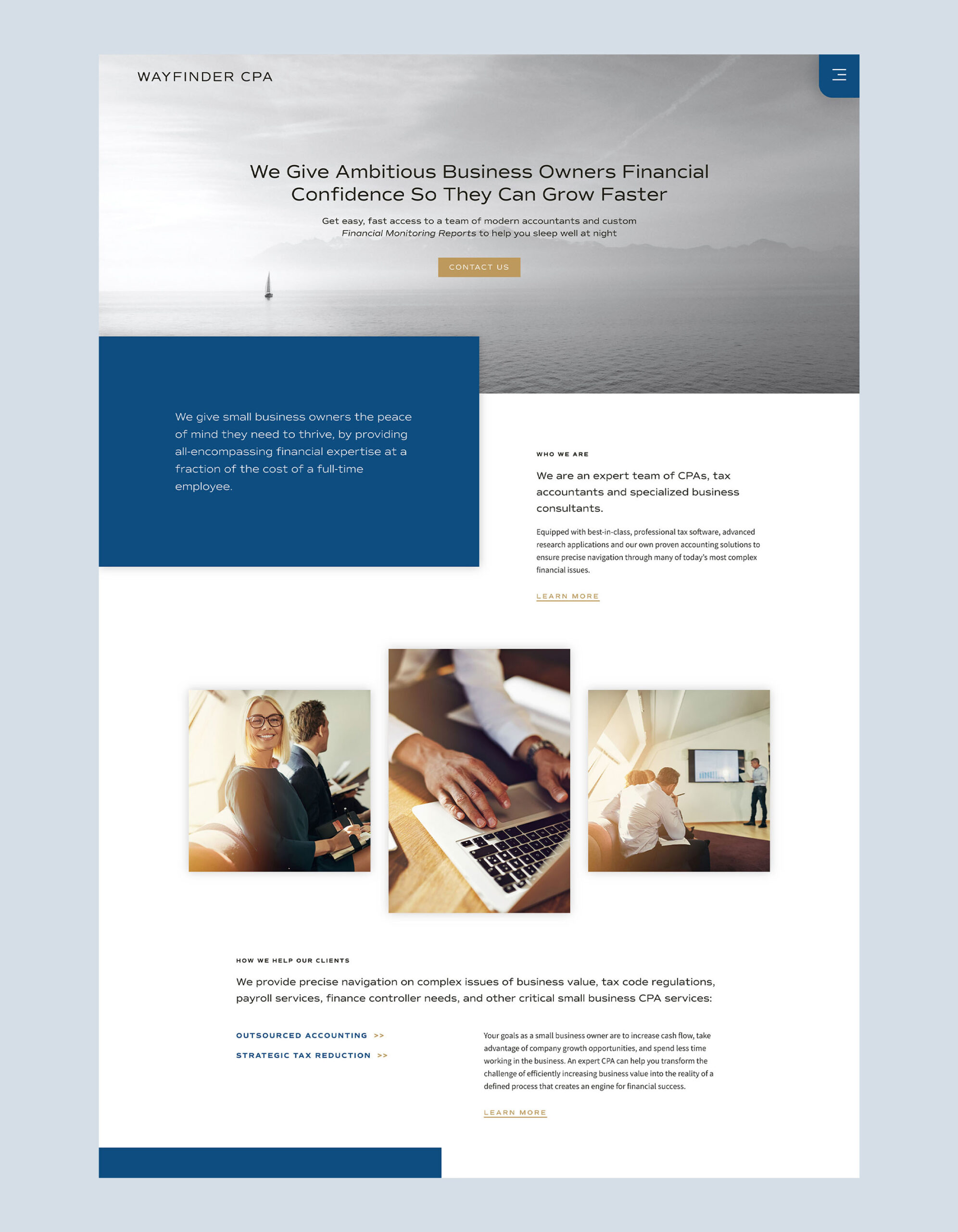 Website design home page - Wayfinder CPA - Whiskey and Red Small Business Branding and Website Design Packages