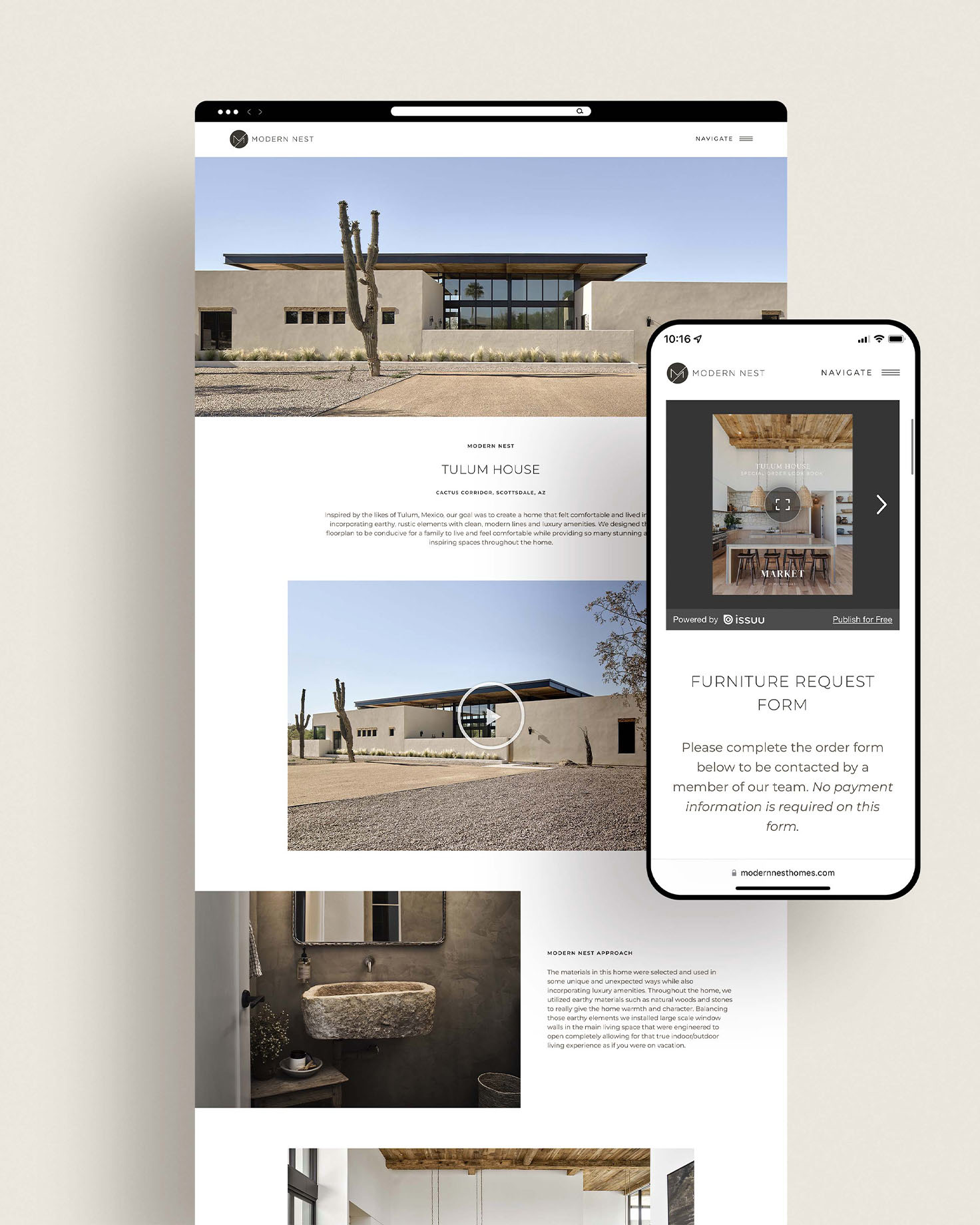 Mobile and Website Design mockup for Modern Nest - Whiskey and Red Small Business Branding and Website Design Packages