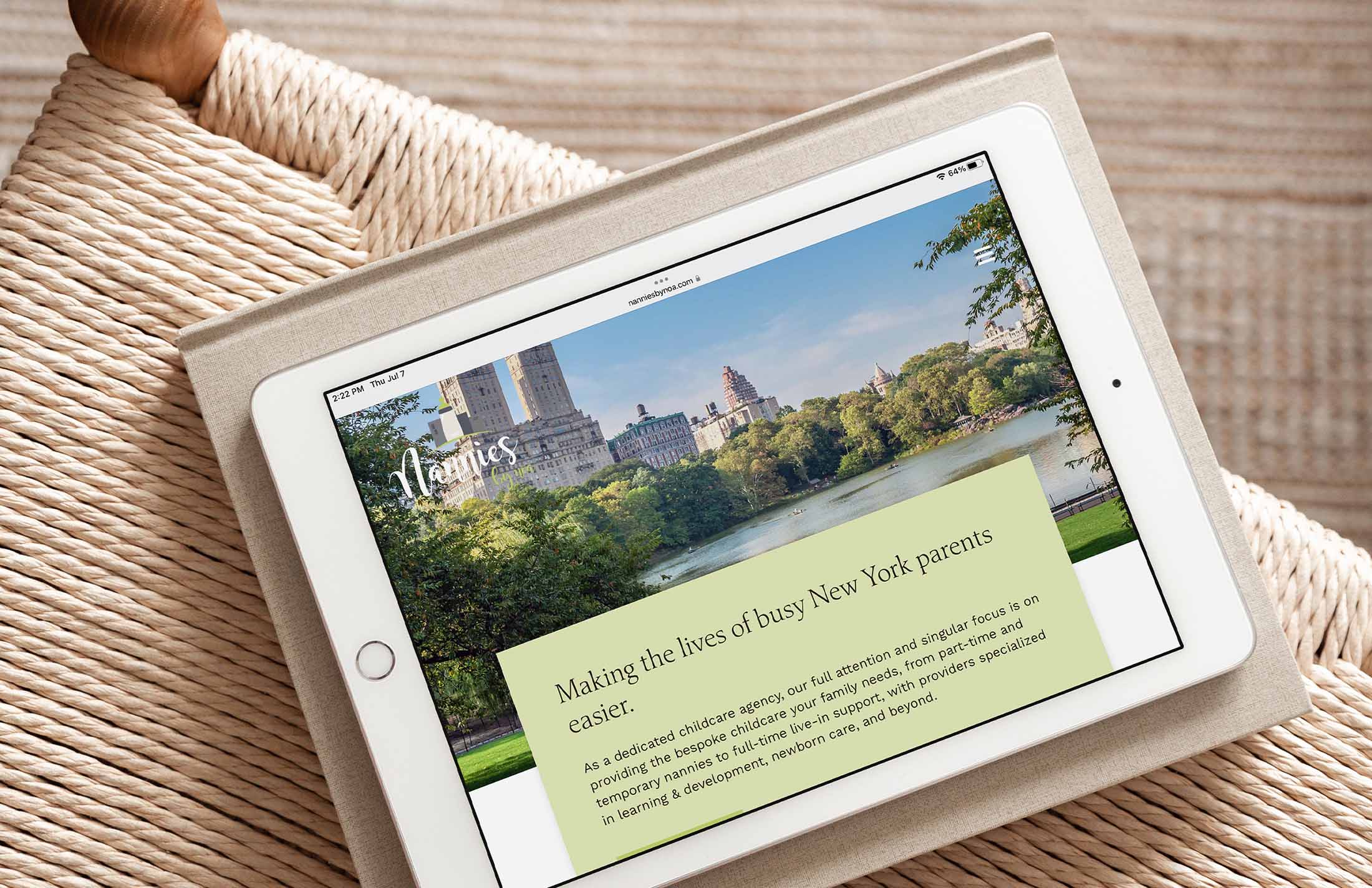 Tablet Website Design mockup for Nannies by Noa - Whiskey and Red Small Business Branding and Website Design Packages