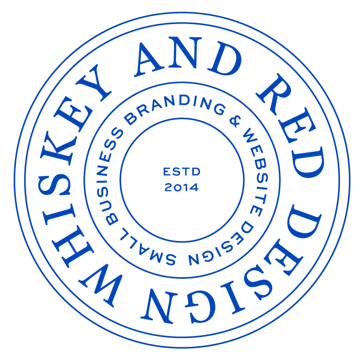 Whiskey and Red circular seal logo in blue, featuring the text ‘Small Business Branding & Website Design’ and ‘Established 2014’ at the center.