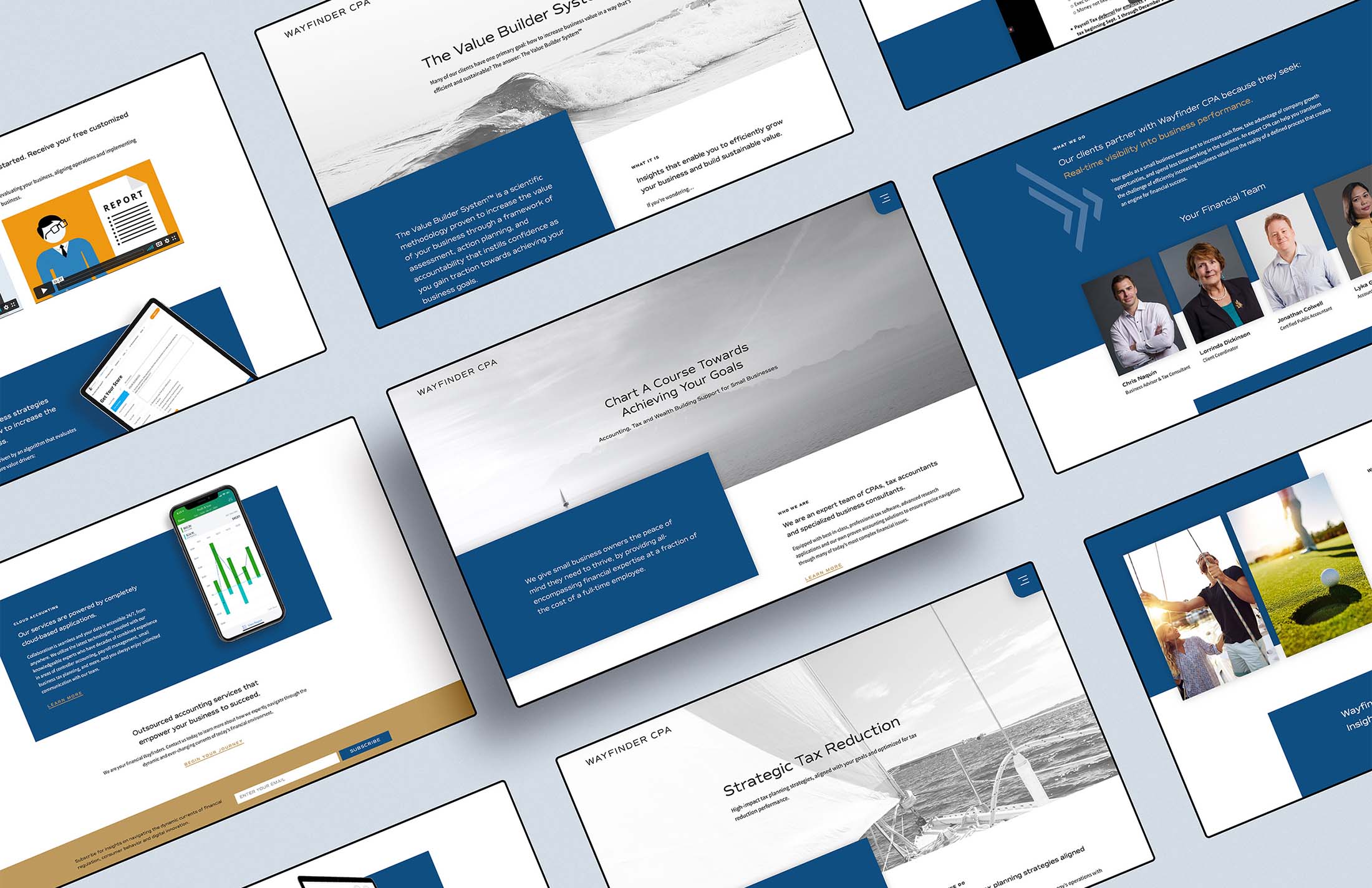 Wayfinder CPA website mockups showcasing multiple pages, including client services, the Value Builder System, and strategic tax reduction tools, designed with a modern blue-and-white theme.