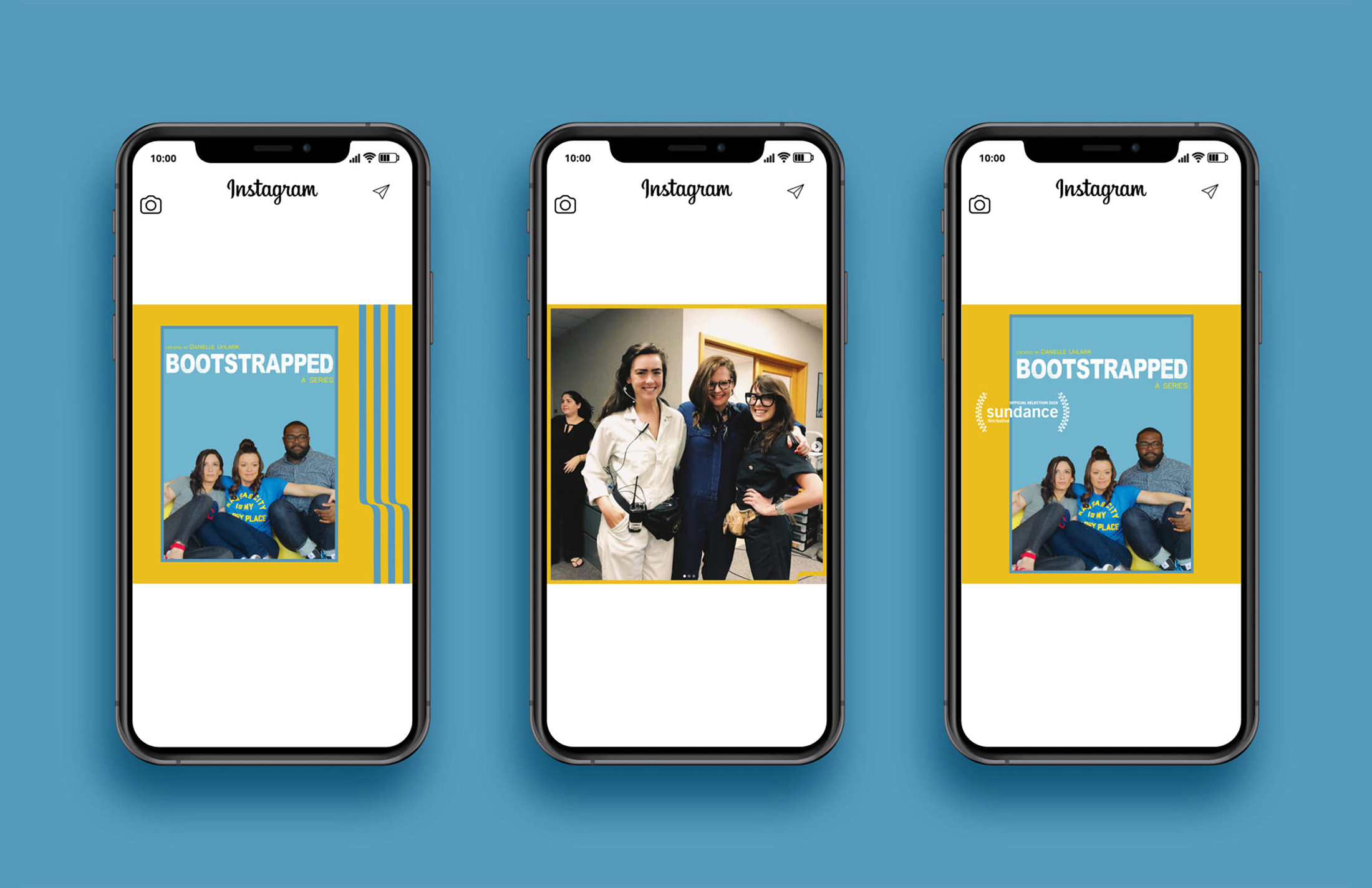 Instagram post mockups showcasing promotional content for “Bootstrapped: A Series,” featuring cast images, Sundance laurels, and branded visuals designed by Whiskey & Red.