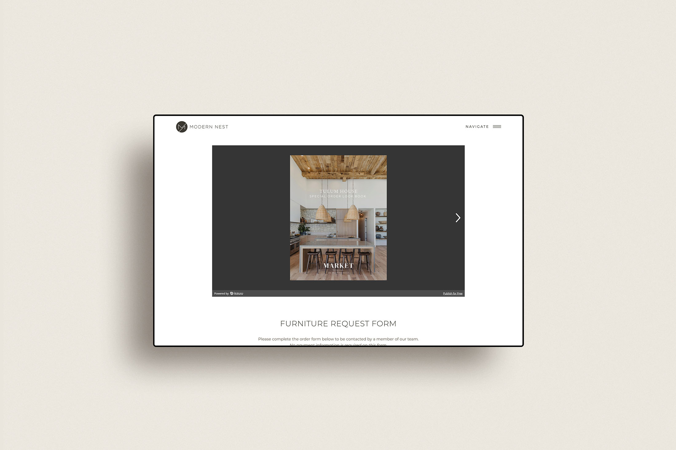 Furniture request form displayed on the Modern Nest Homes website, featuring a preview of the Tulum House special order lookbook within the embedded viewer.