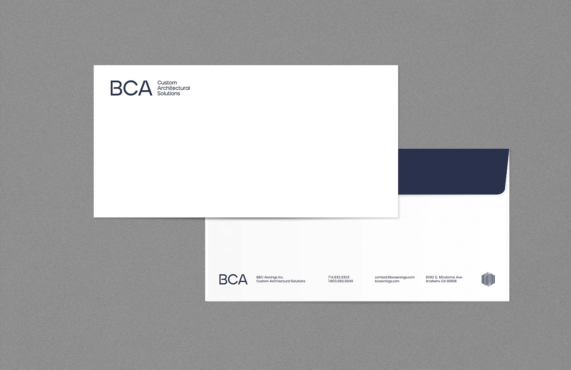 B&C Awnings envelope design with logo and consistent typography, reflecting professionalism and attention to detail in all communications.