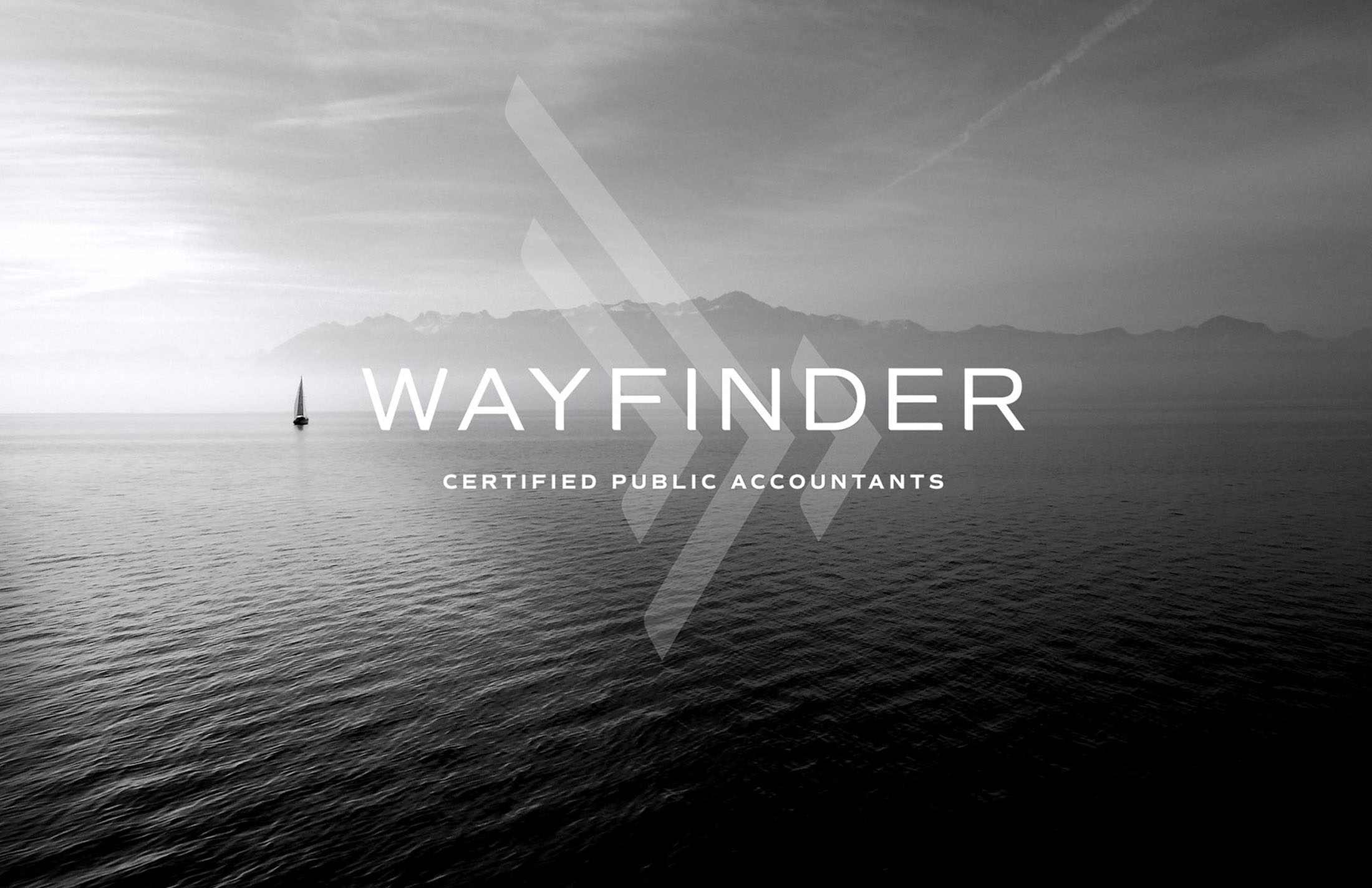 Wayfinder CPA logo displayed on a serene black-and-white ocean scene with a distant sailboat, evoking a sense of calm and direction.