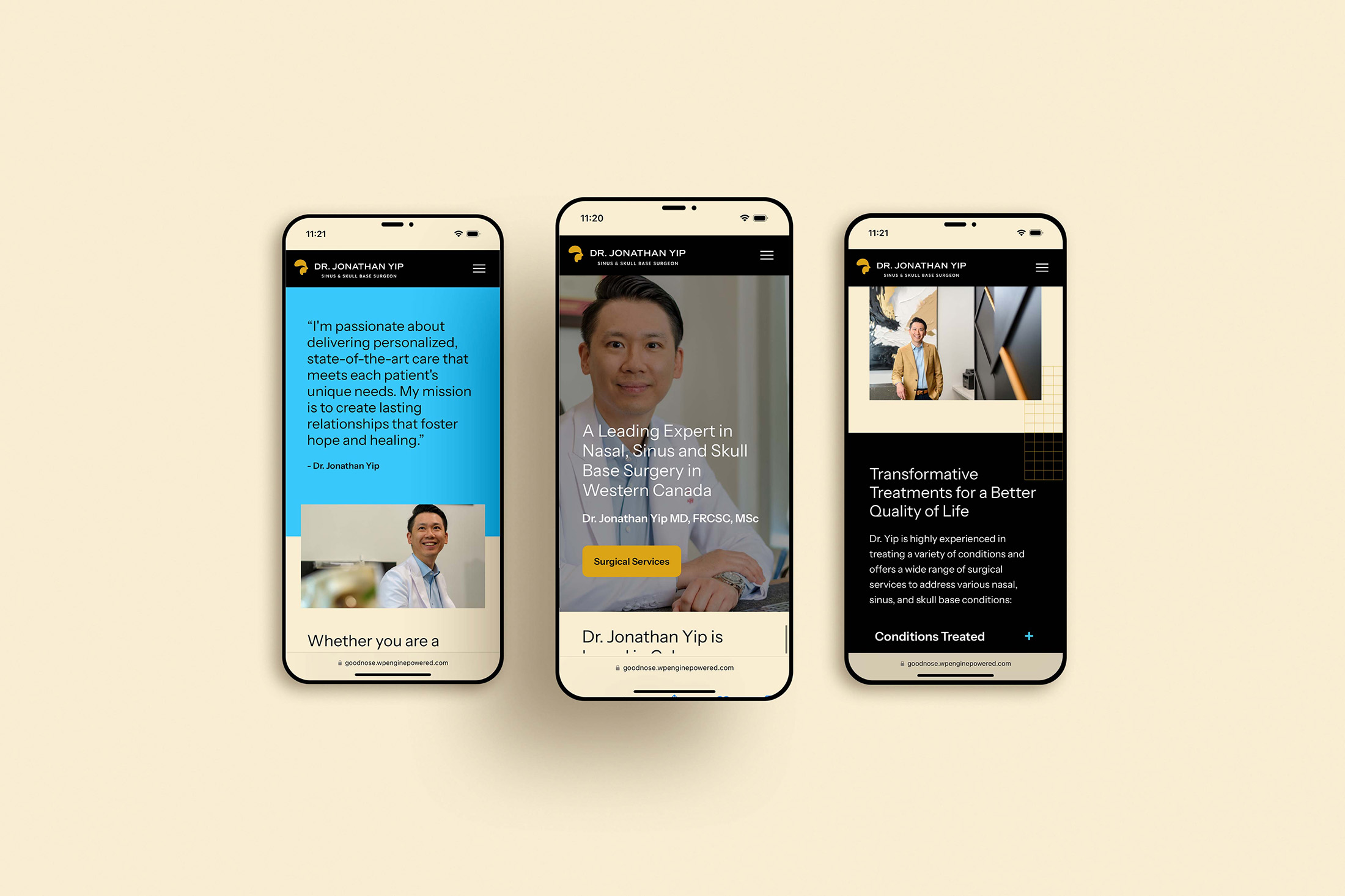 Mobile view of Dr. Jonathan Yip’s website, highlighting his patient-centered philosophy, advanced treatments, and leadership in ENT surgery.