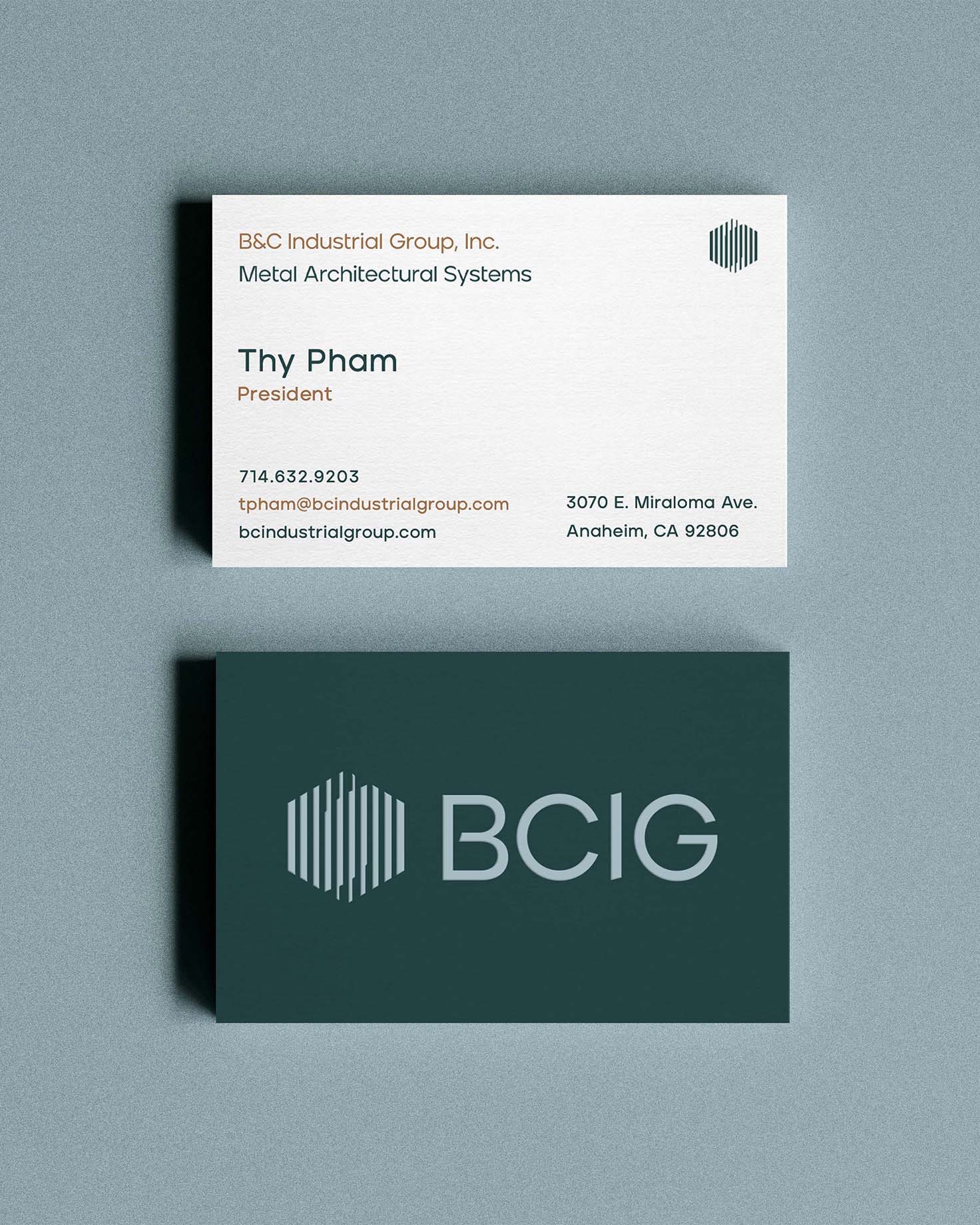 B&C Industrial Group business card designs featuring clean typography, logo, and distinct brand colors, showcasing a professional and cohesive visual identity.