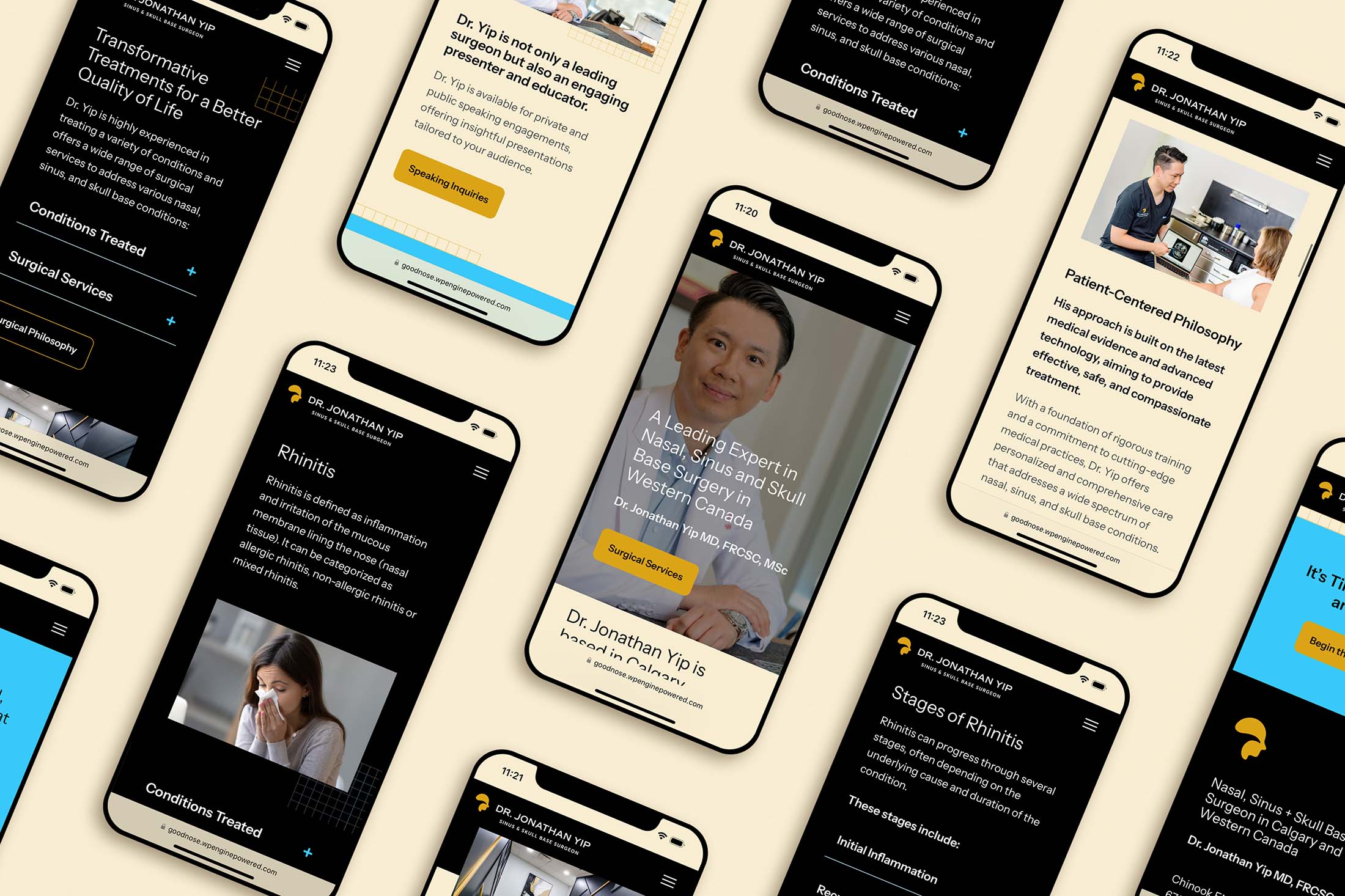 Multiple smartphone screens showcasing a responsive website design for Dr. Jonathan Yip, highlighting services such as rhinitis treatment, surgical services, and patient-centered care, with black and yellow design elements.