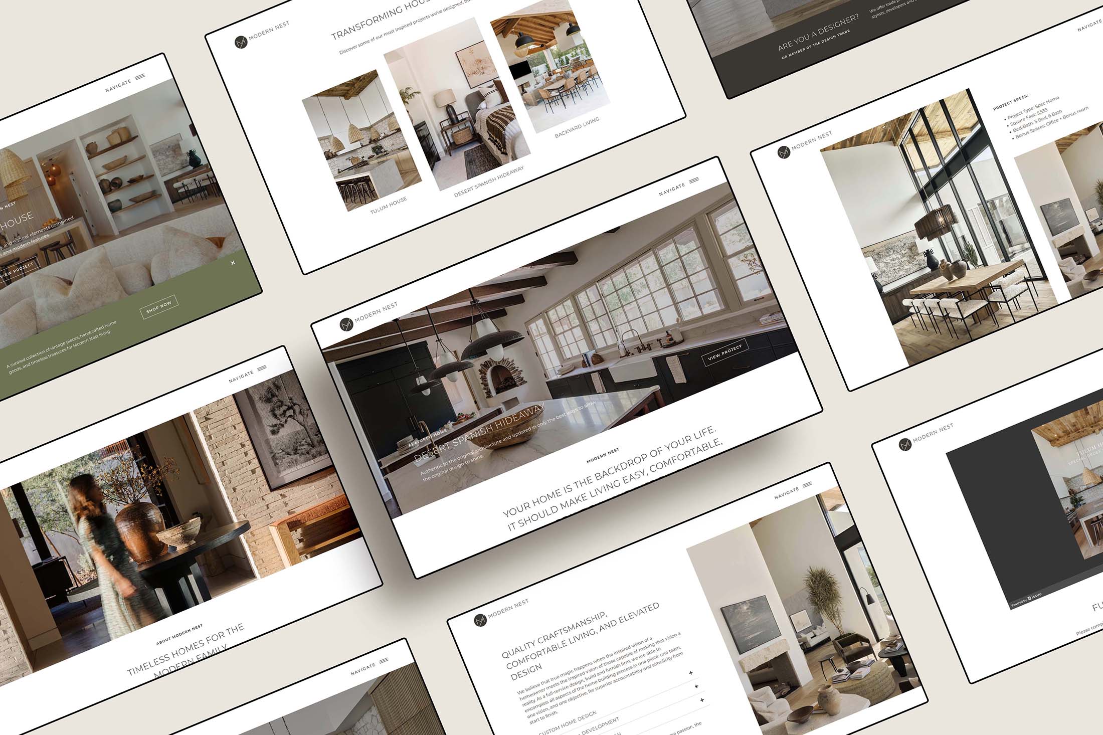 Flat-lay display of Modern Nest Homes’ website pages showcasing luxury home designs, services, and portfolio features, emphasizing timeless and comfortable living spaces.