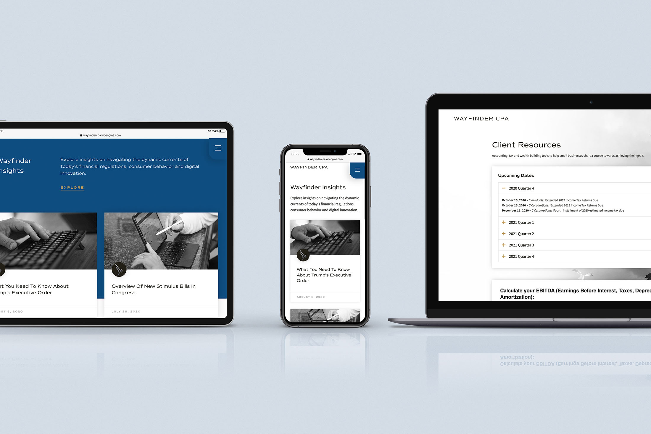 A tablet, smartphone, and laptop displaying the Wayfinder CPA website, highlighting client resources and financial insights.