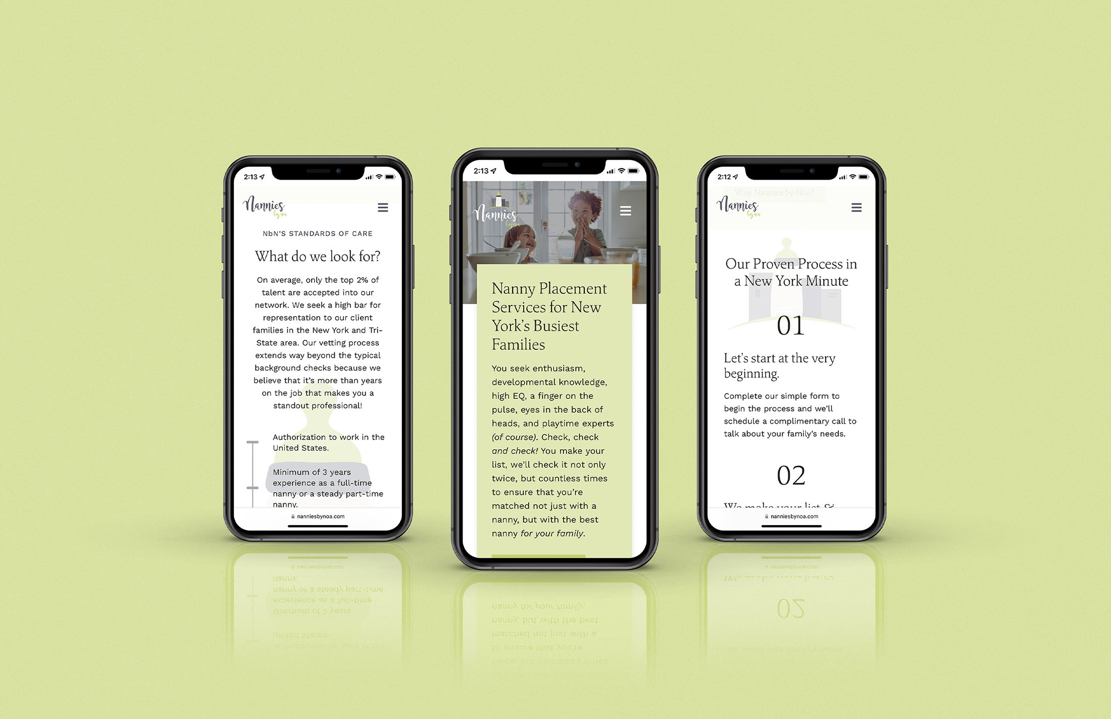 Nannies by Noa website viewed on three smartphone screens, highlighting mobile responsiveness and user-friendly navigation for families and nannies.