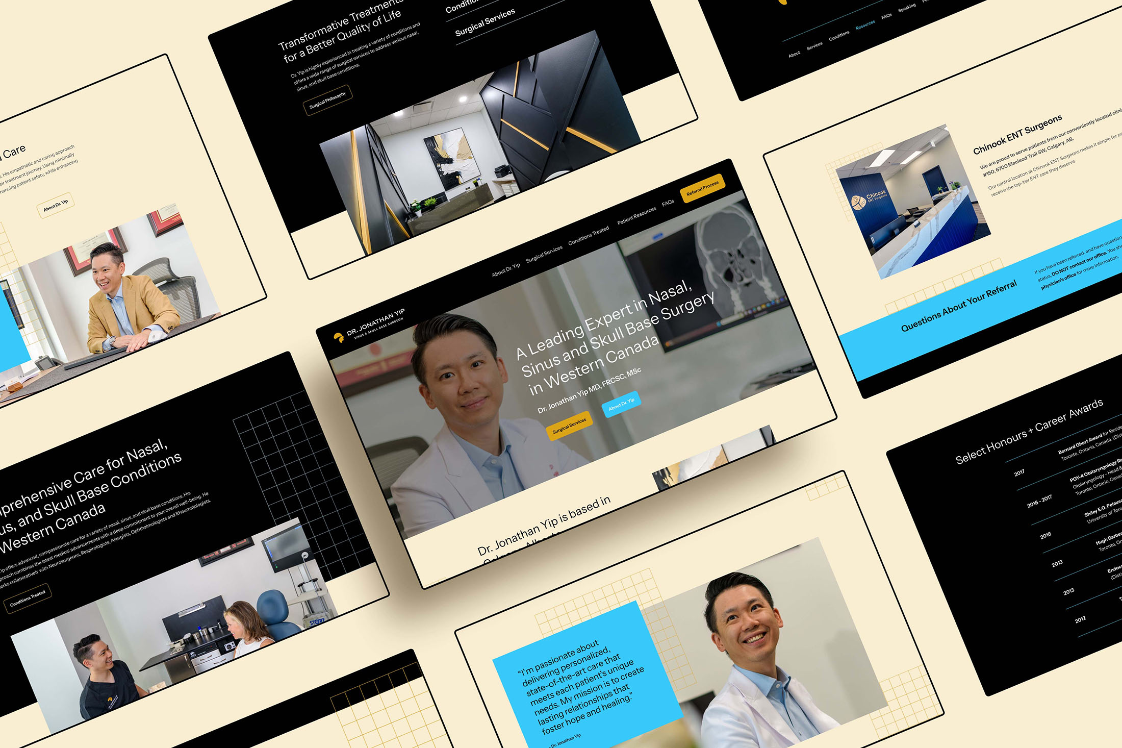 A collage of website pages showcasing Dr. Jonathan Yip’s digital platform, focusing on patient care, services, and modern branding.