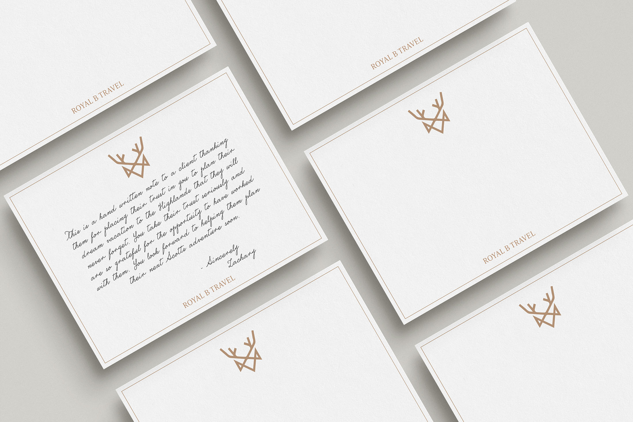 Royal B Travel thank-you note cards featuring handwritten messages, the brand logo in beige, and a clean, minimalist design.