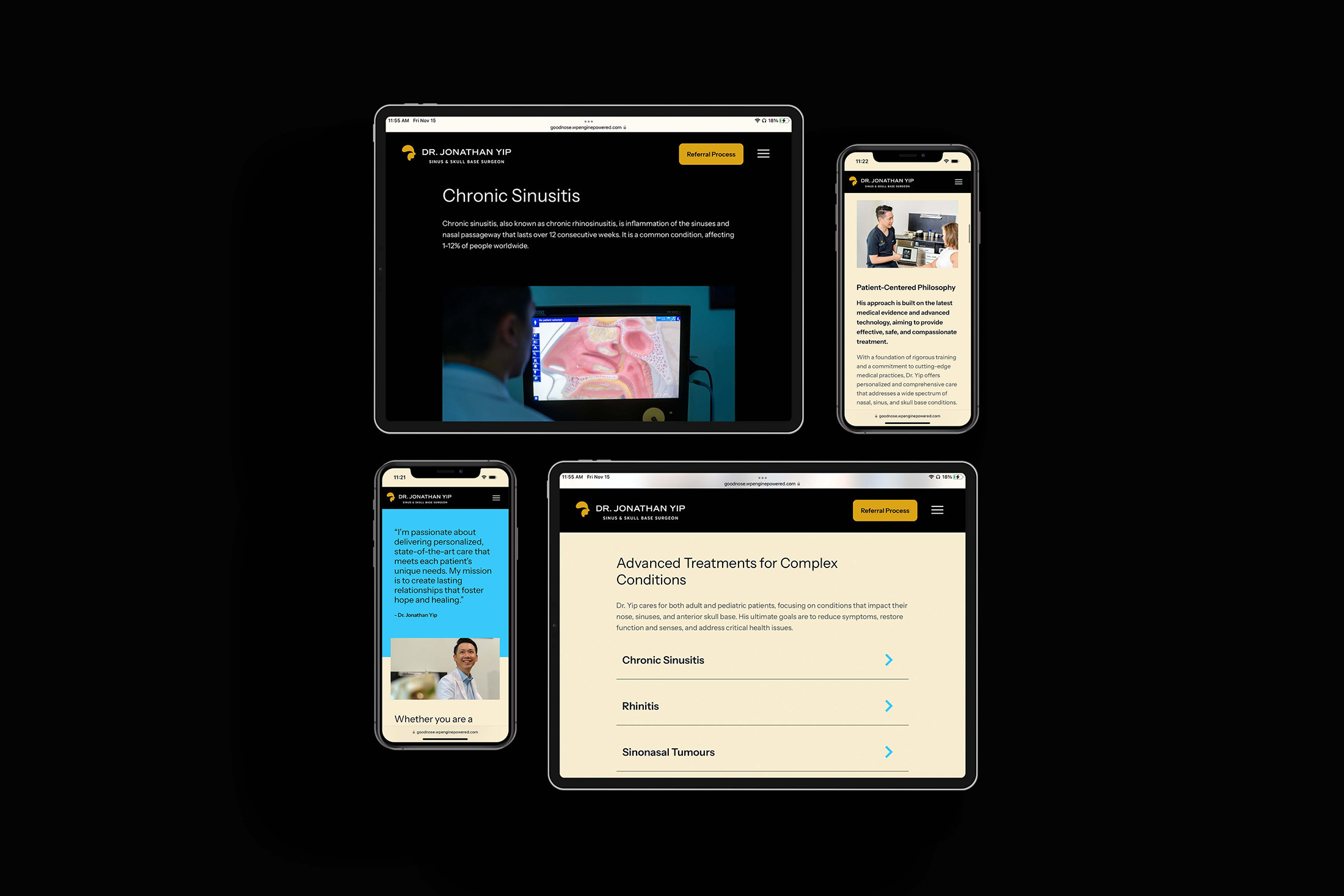 Tablet and mobile views of Dr. Jonathan Yip’s website featuring chronic sinusitis information and advanced treatment options for ENT conditions.