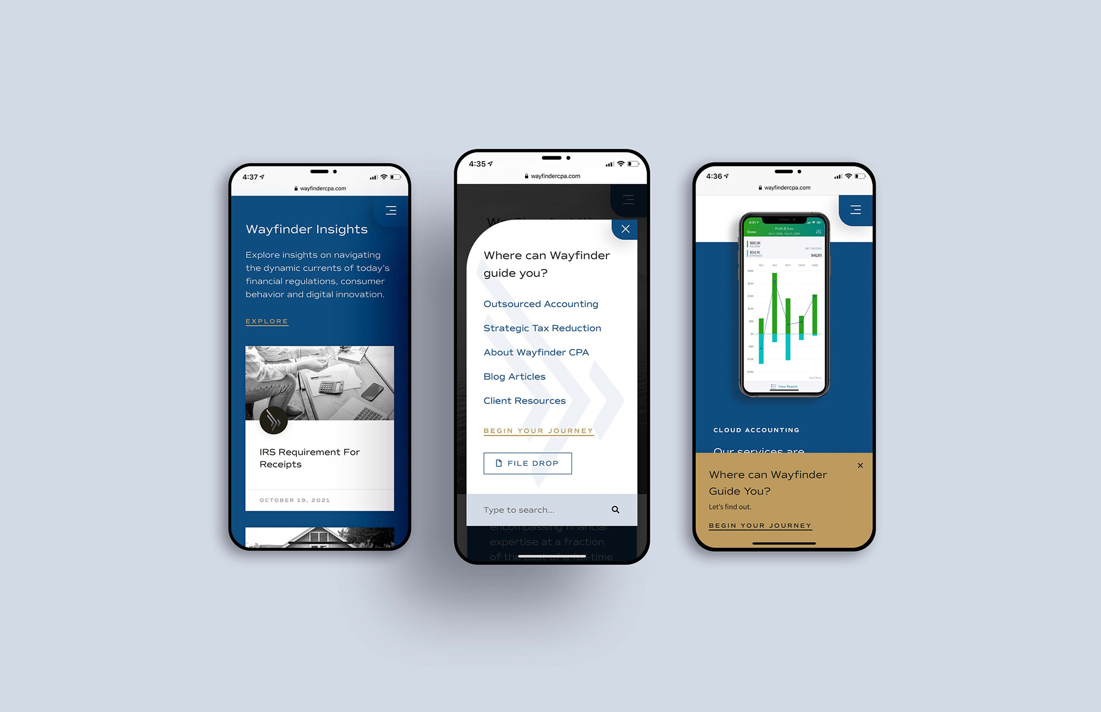 Three mobile screens showcasing the Wayfinder CPA website, including insights, navigation, and cloud accounting features.