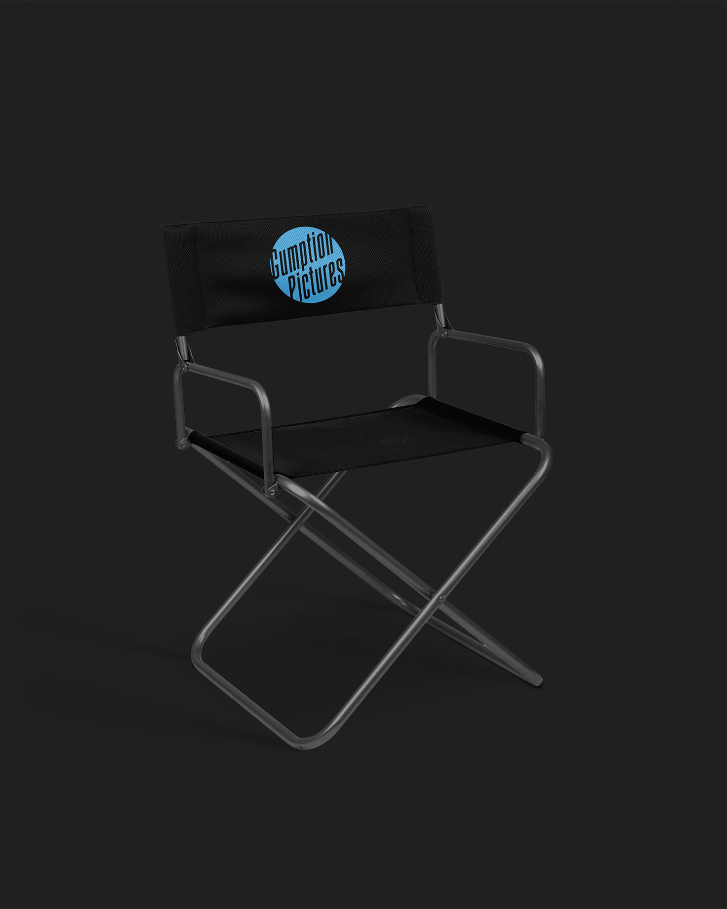 Director’s chair with the Gumption Pictures logo in blue, designed to showcase the brand’s professional and creative identity, crafted by Whiskey & Red.