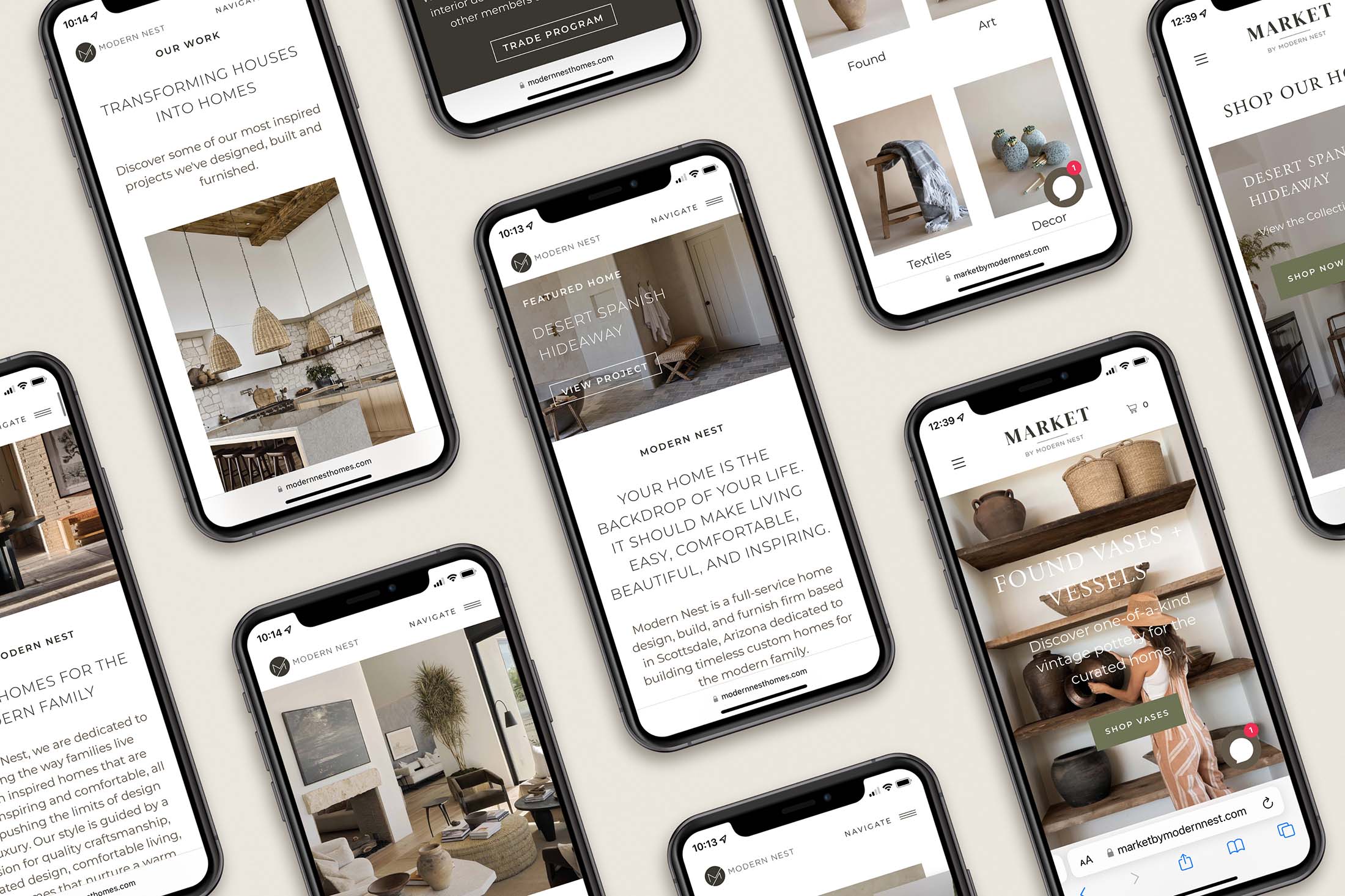 A variety of mobile views showcasing Modern Nest Homes’ responsive web design, with featured projects and curated product collections.