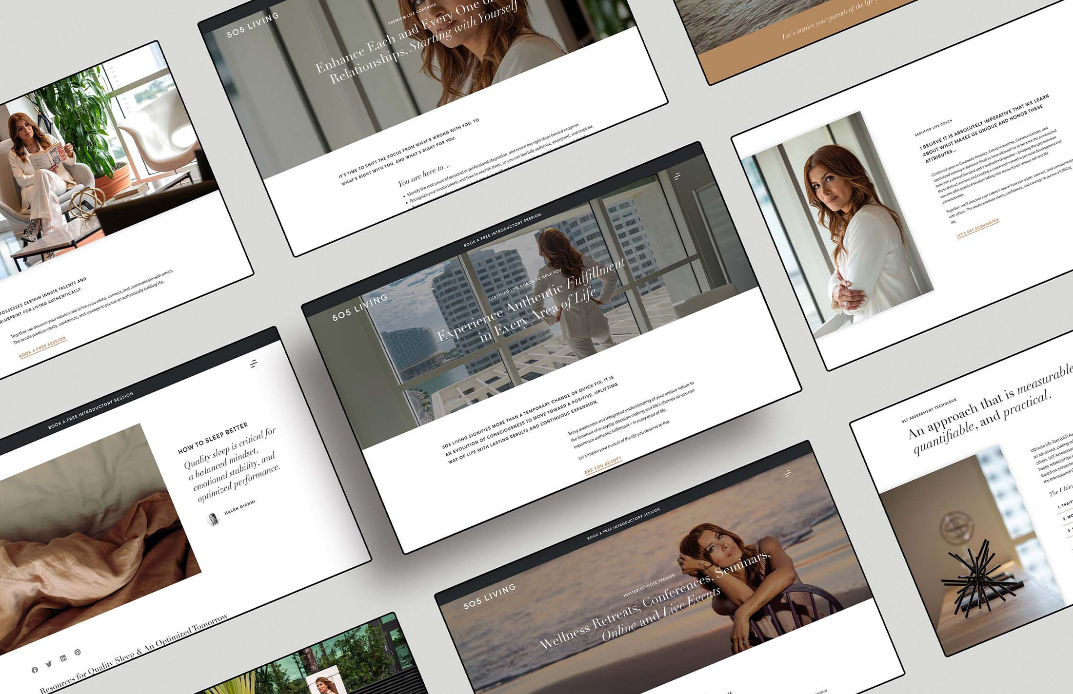 505 Living website design mockups showcasing a cohesive visual identity, engaging user experience, and seamless navigation for life coaching services and resources.