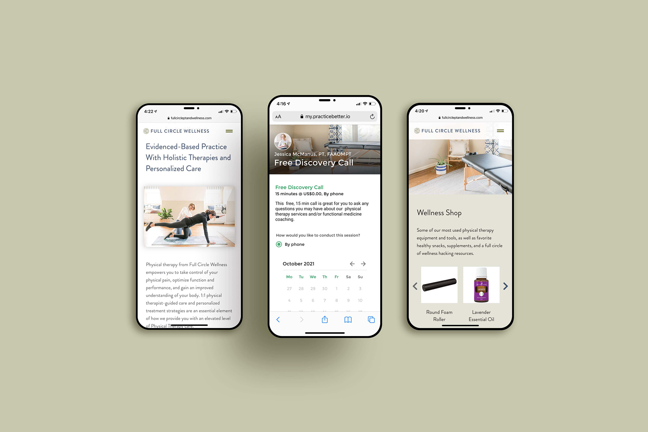 Three smartphone screens displaying the Full Circle Wellness website, highlighting physical therapy services, discovery call scheduling, and the wellness shop.