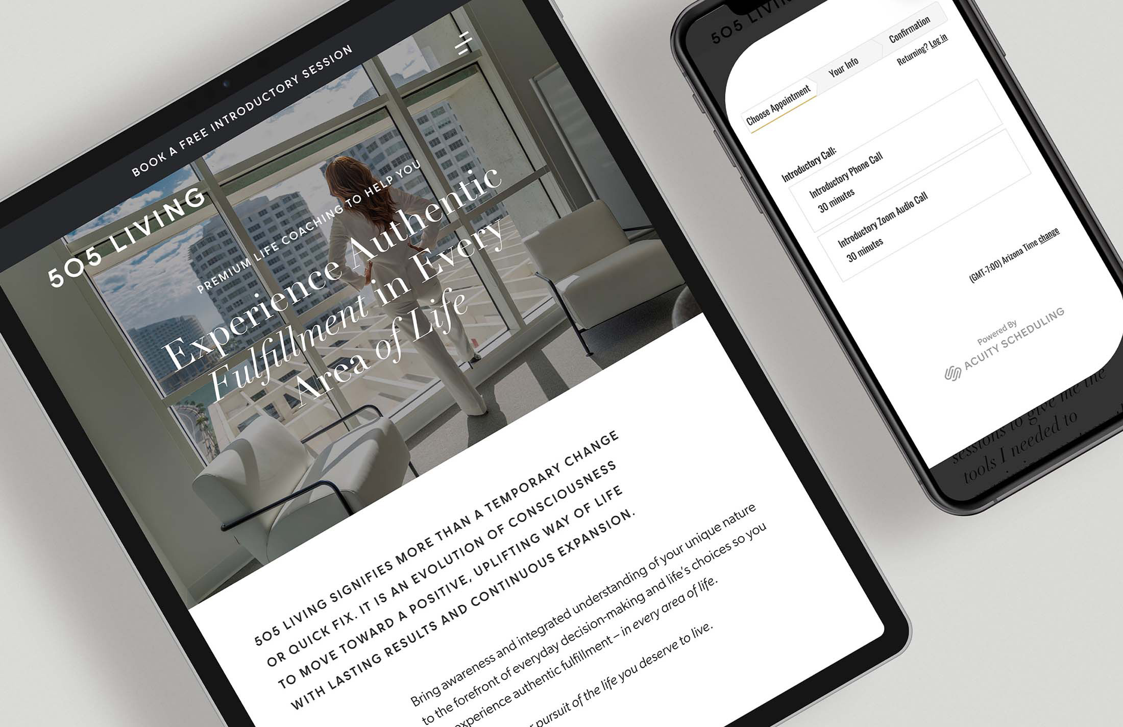 505 Living website displayed on tablet and mobile, showcasing a modern design with integrated online booking, empowering users to connect and schedule sessions seamlessly.