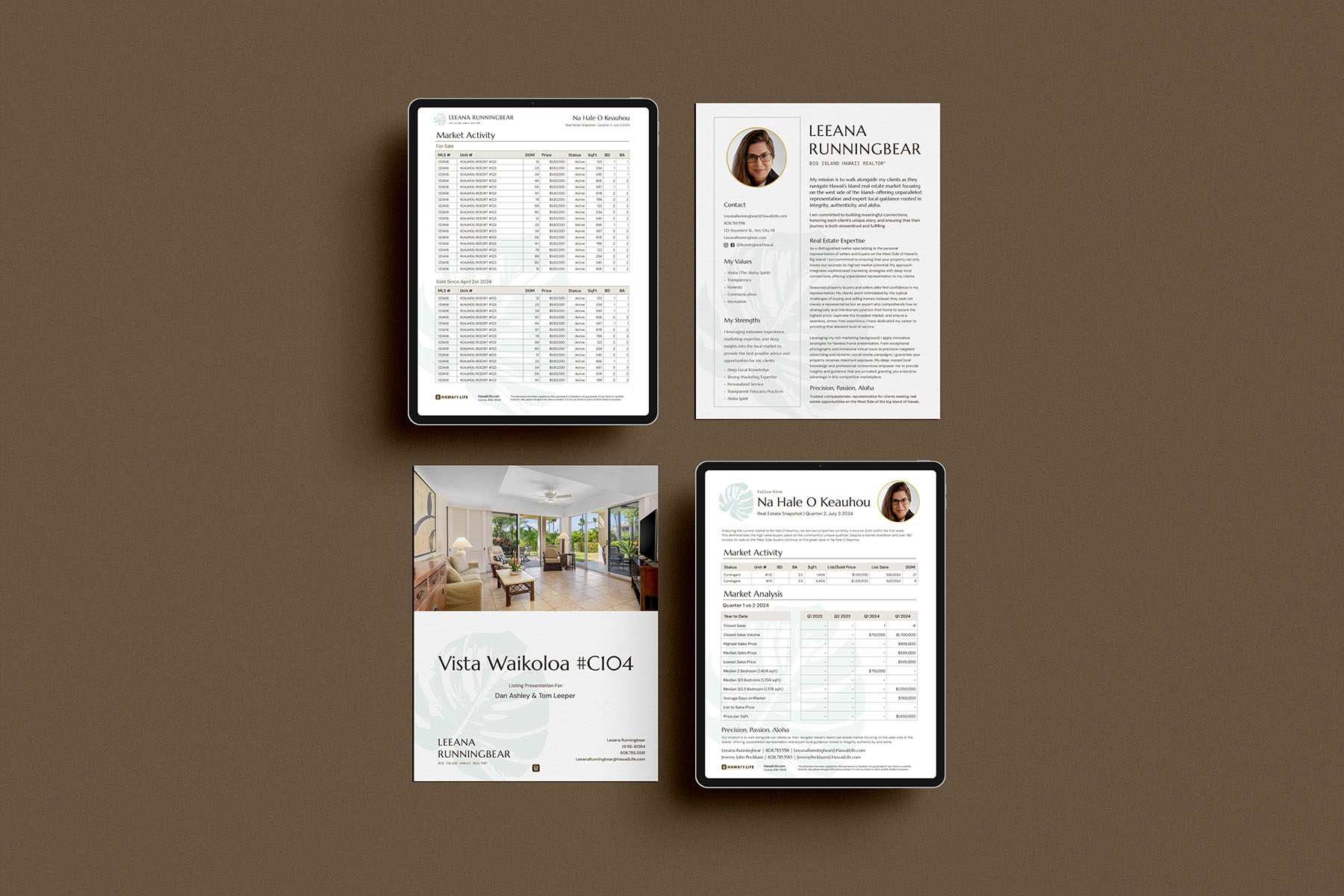 A clean and professional layout showcasing real estate market activity and property listings on tablets and brochures, part of Leeana Runningbear’s luxury real estate branding.