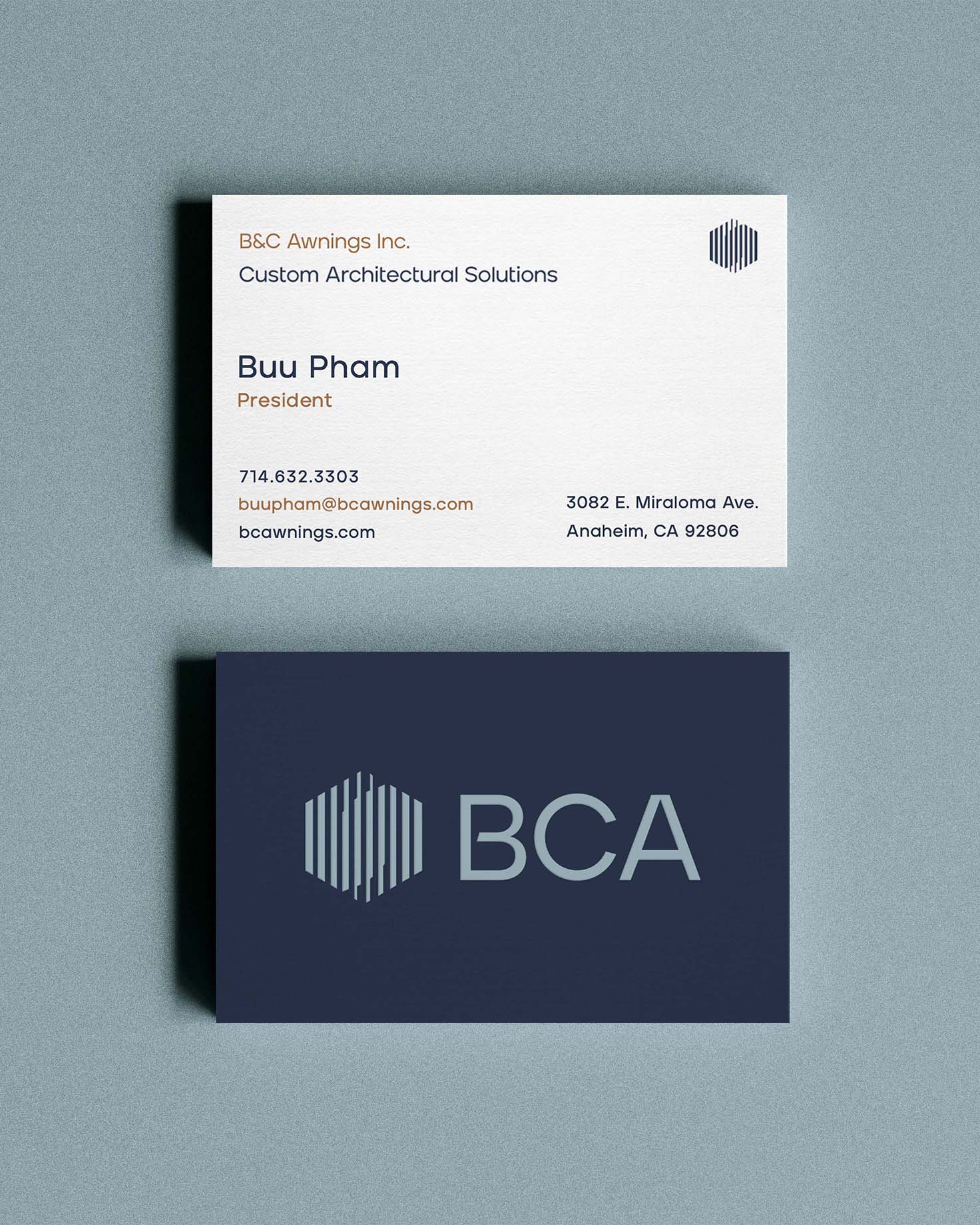 B&C Awnings business card designs featuring clean typography, logo, and distinct brand colors, showcasing a professional and cohesive visual identity.