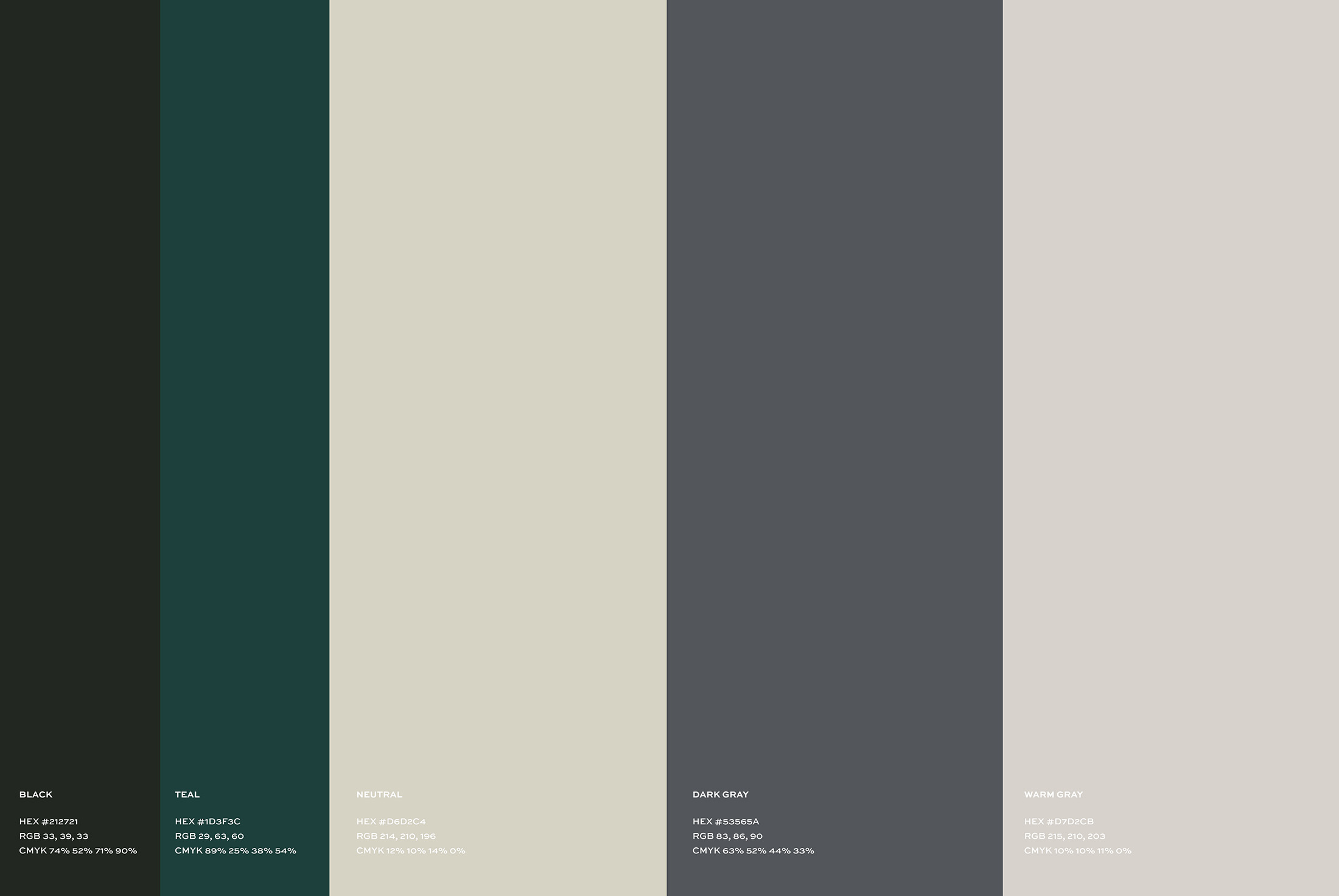 Color palette showcasing Withers Studio branding tones, including black, teal, and neutral grays for timeless visual identity.