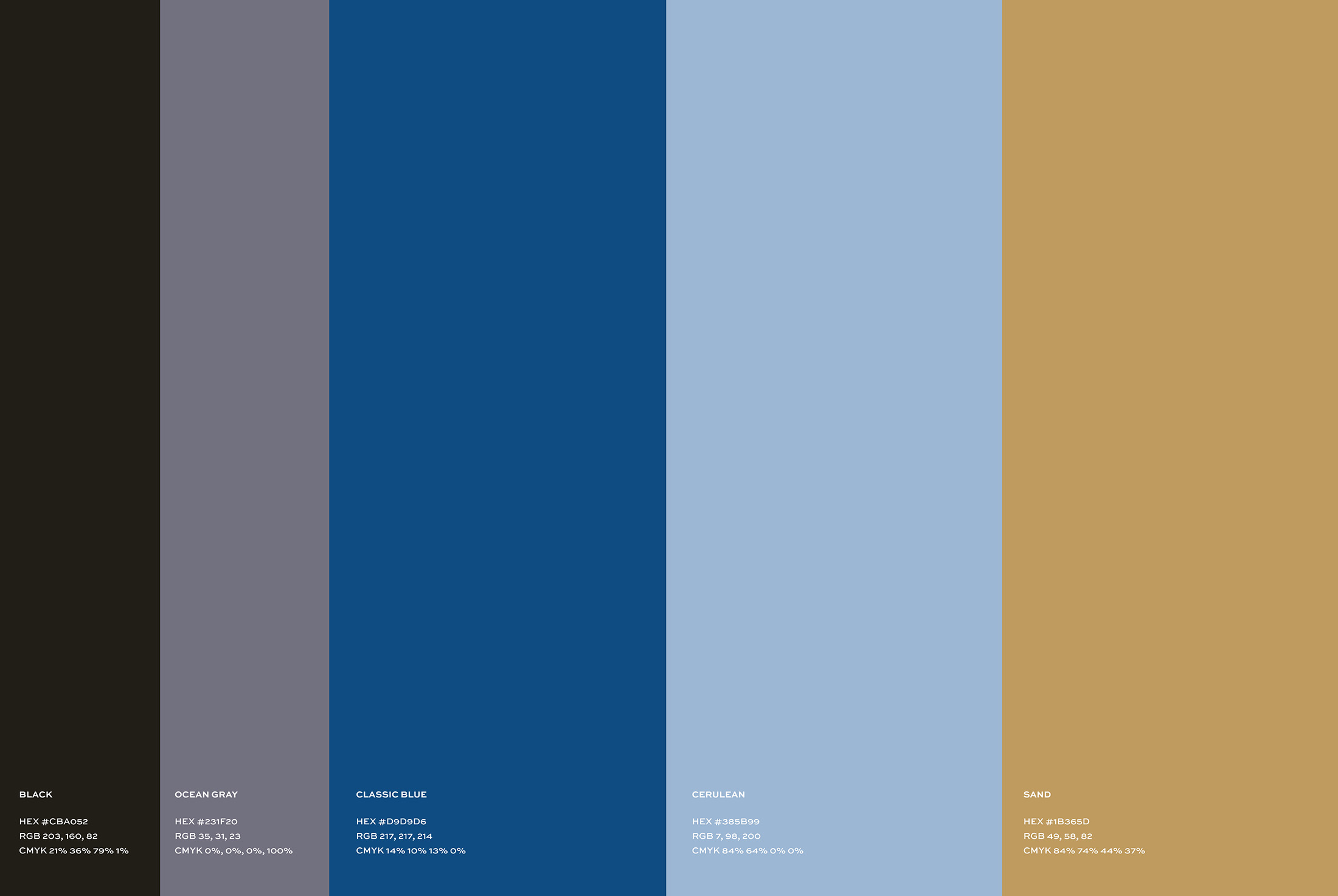 Wayfinder CPA color palette featuring black, ocean gray, classic blue, cerulean, and sand tones, along with their respective hex, RGB, and CMYK values.