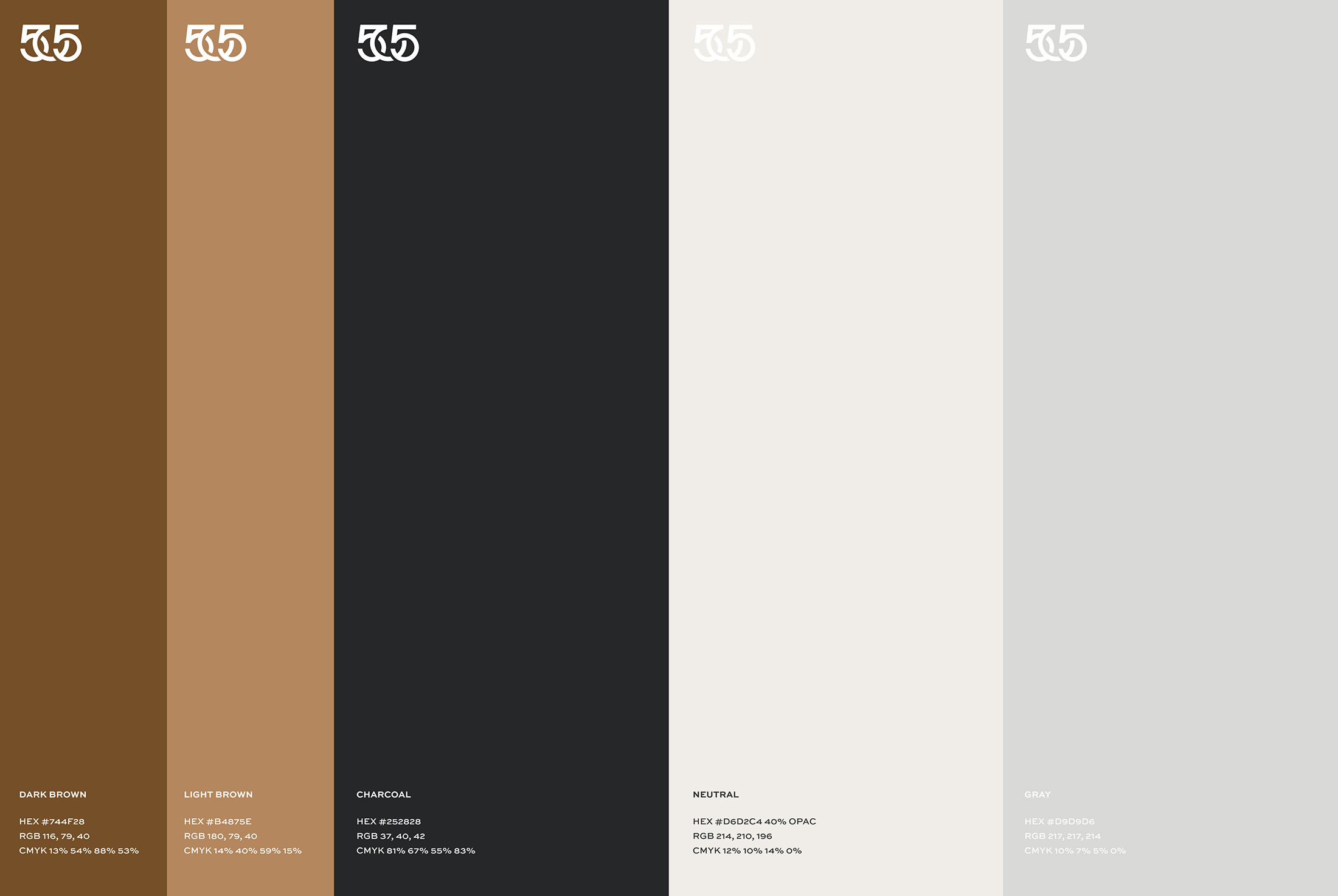 505 Living brand color palette showcasing shades of brown, charcoal, neutral, and gray, paired with the bold logo for a cohesive and modern identity.