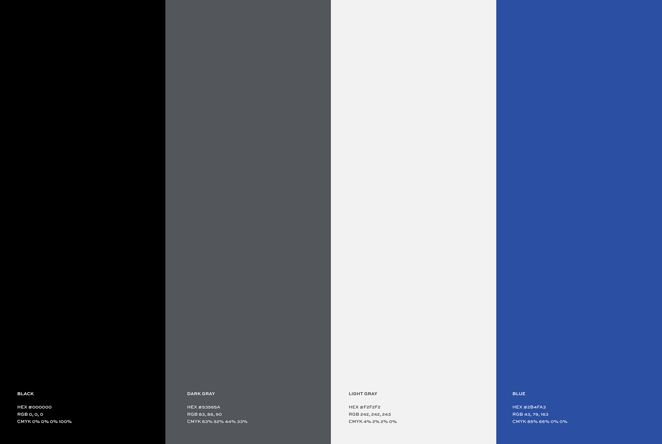 Bedell Frazier brand color palette featuring black, dark gray, light gray, and blue, with detailed HEX, RGB, and CMYK codes.