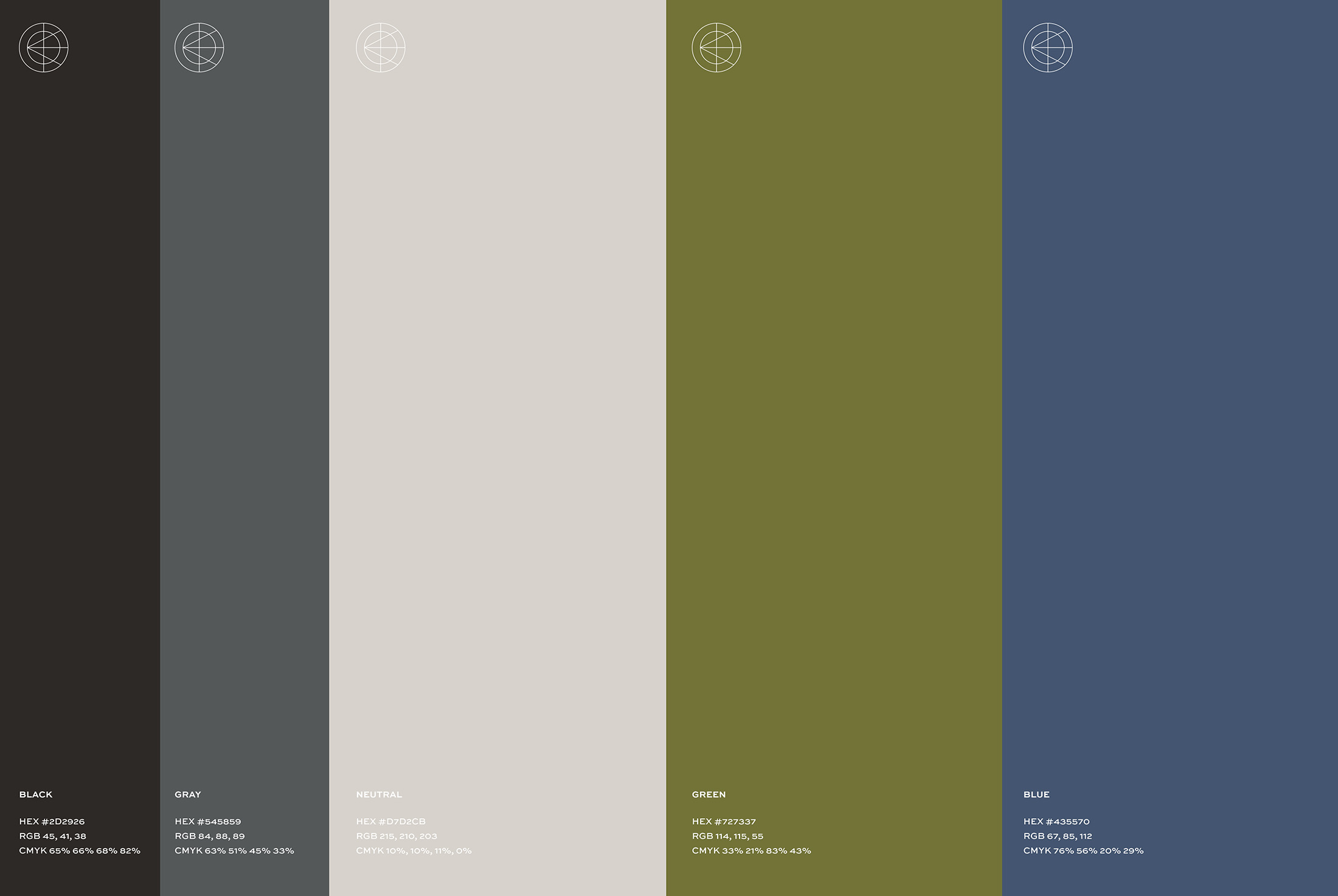 Full Circle Wellness color palette showcasing black, gray, neutral, green, and blue with corresponding HEX, RGB, and CMYK codes.