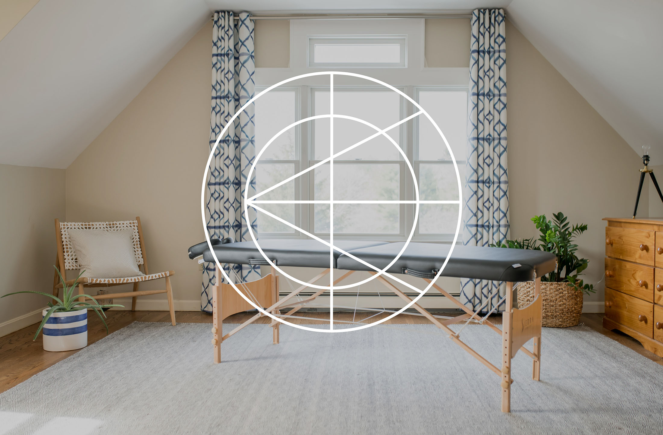 A cozy treatment room with a massage table and modern decor, overlaid with the geometric Full Circle Wellness logo in white.