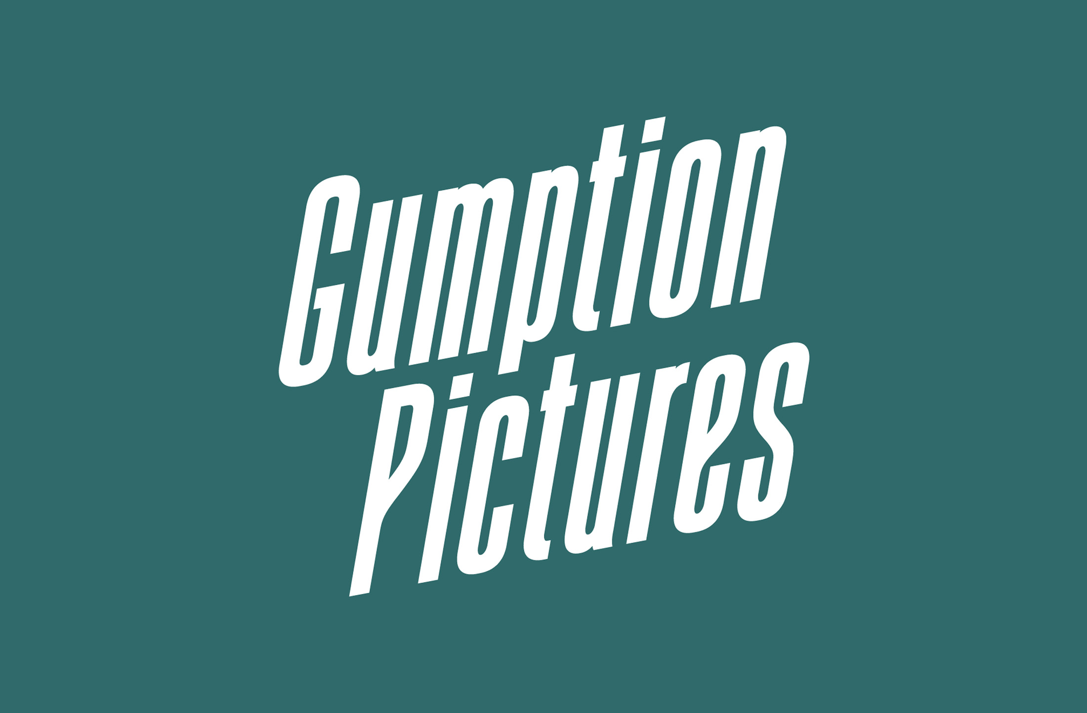 Gumption Pictures wordmark logo with bold white typography on a teal background, showcasing the brand’s modern and minimalist design by Whiskey & Red.