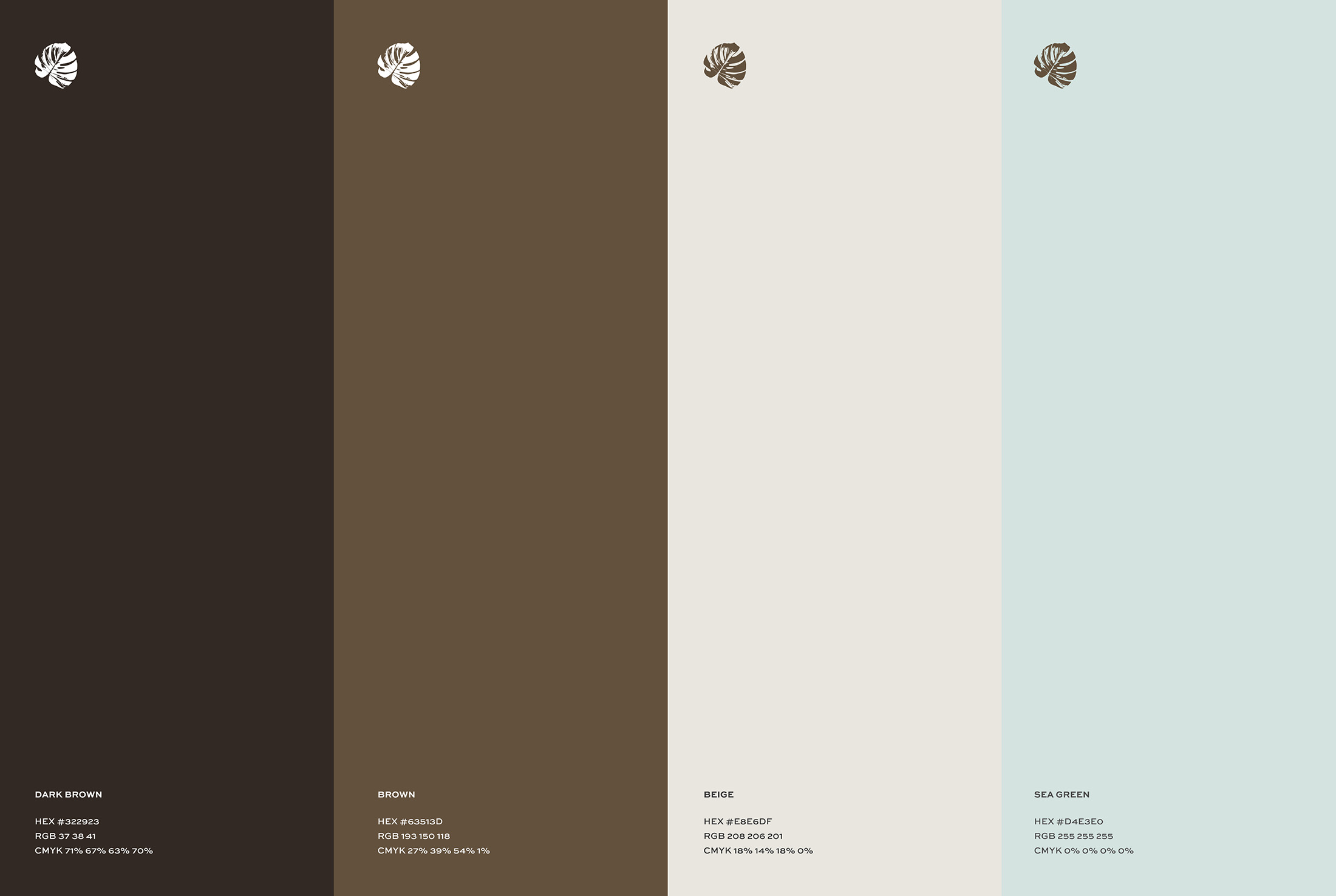 Leeana Runningbear’s brand color palette featuring shades of dark brown, brown, beige, and sea green, with corresponding color codes for a cohesive visual identity.