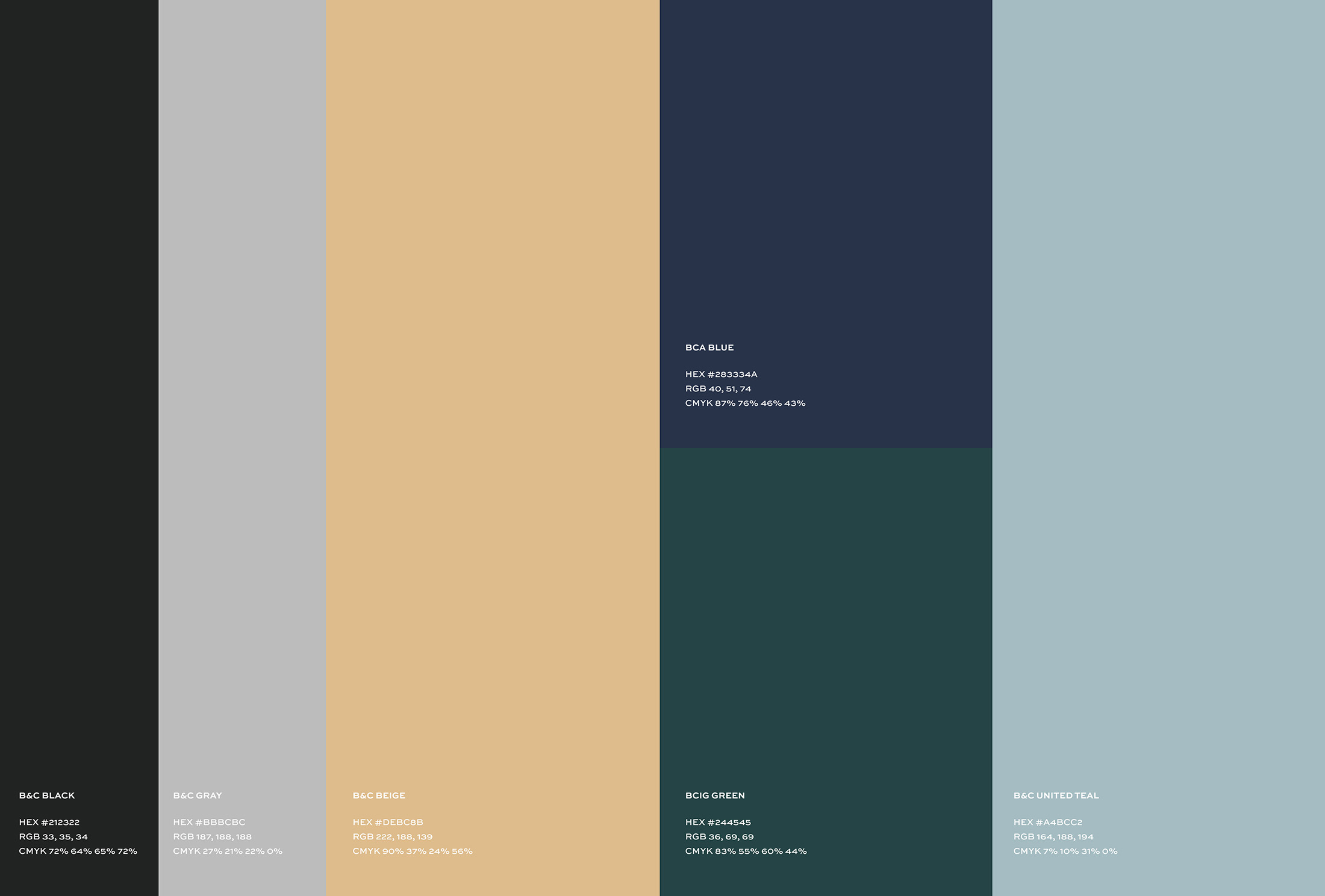 Custom color palette for B&C Awnings, featuring shades of teal, beige, and navy, created to unify the brand identity across divisions.