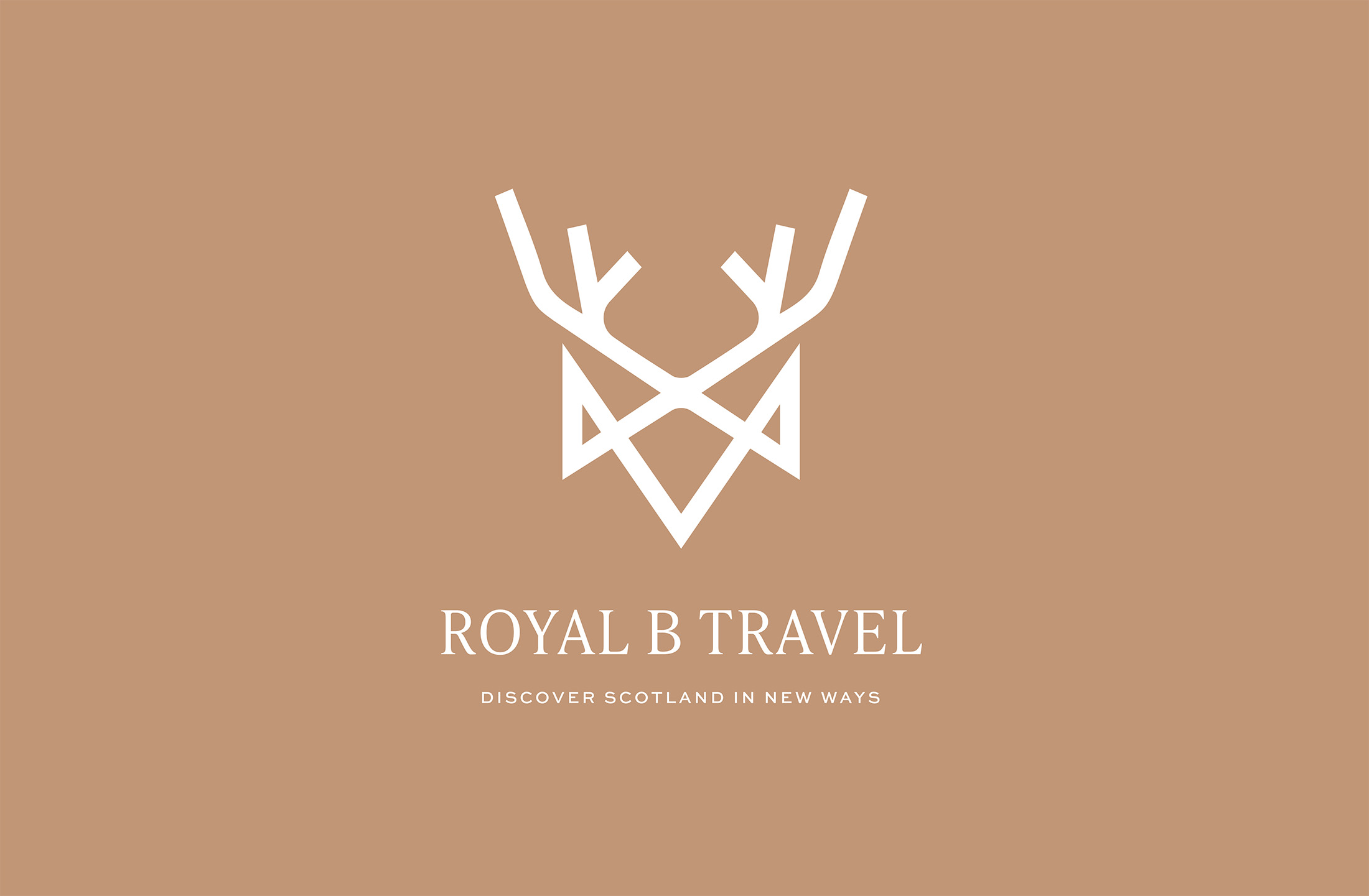 Royal B Travel logo featuring a minimalist stag antler icon in white, paired with text, displayed on a tan background.