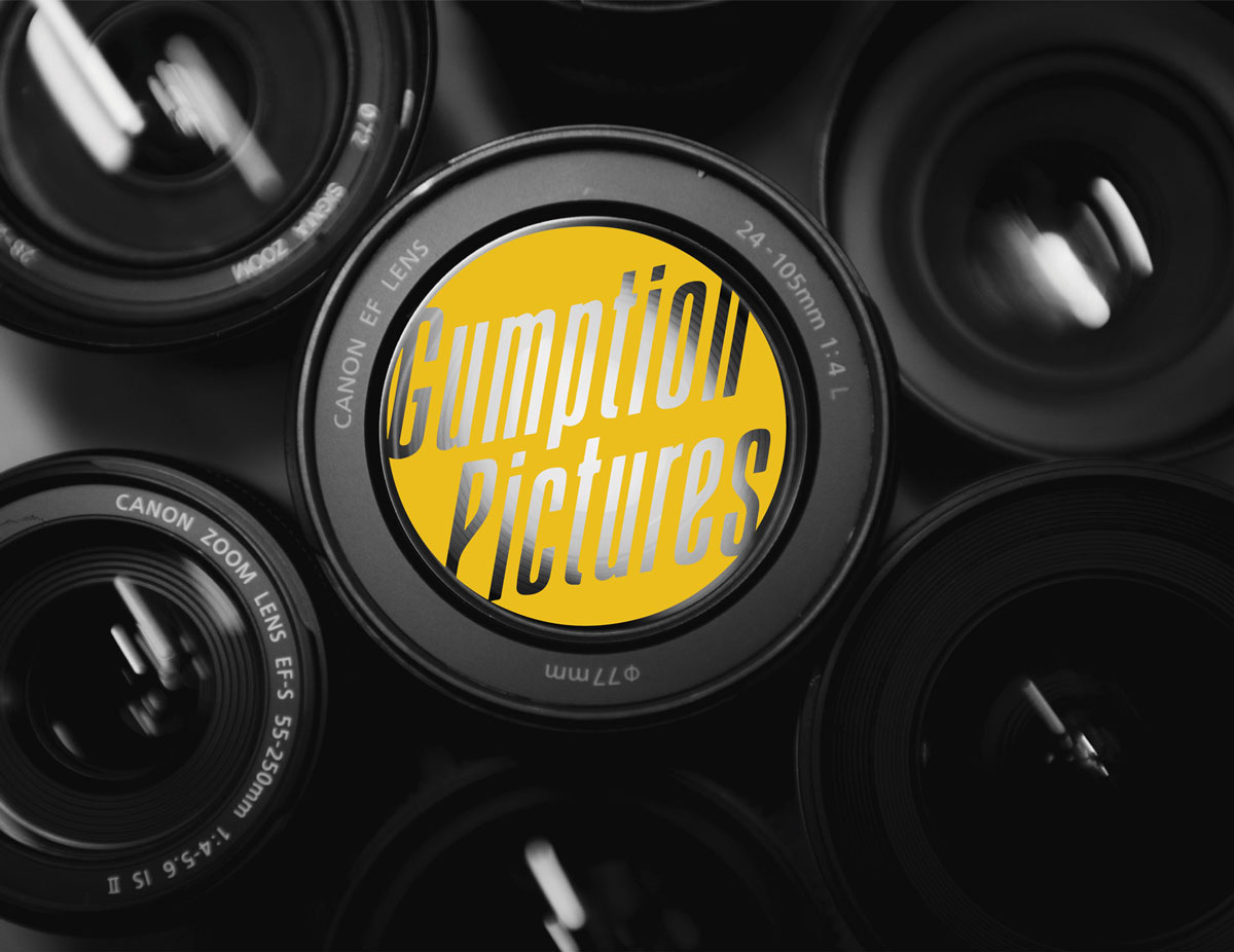 Bold logo design for Gumption Pictures, featuring a vibrant yellow circle with sleek typography, created by Whiskey & Red to reflect their dynamic and creative identity.