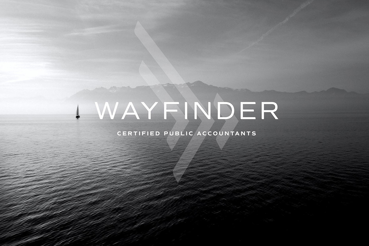 Wayfinder CPA logo displayed on a serene black-and-white ocean scene with a distant sailboat, evoking a sense of calm and direction.