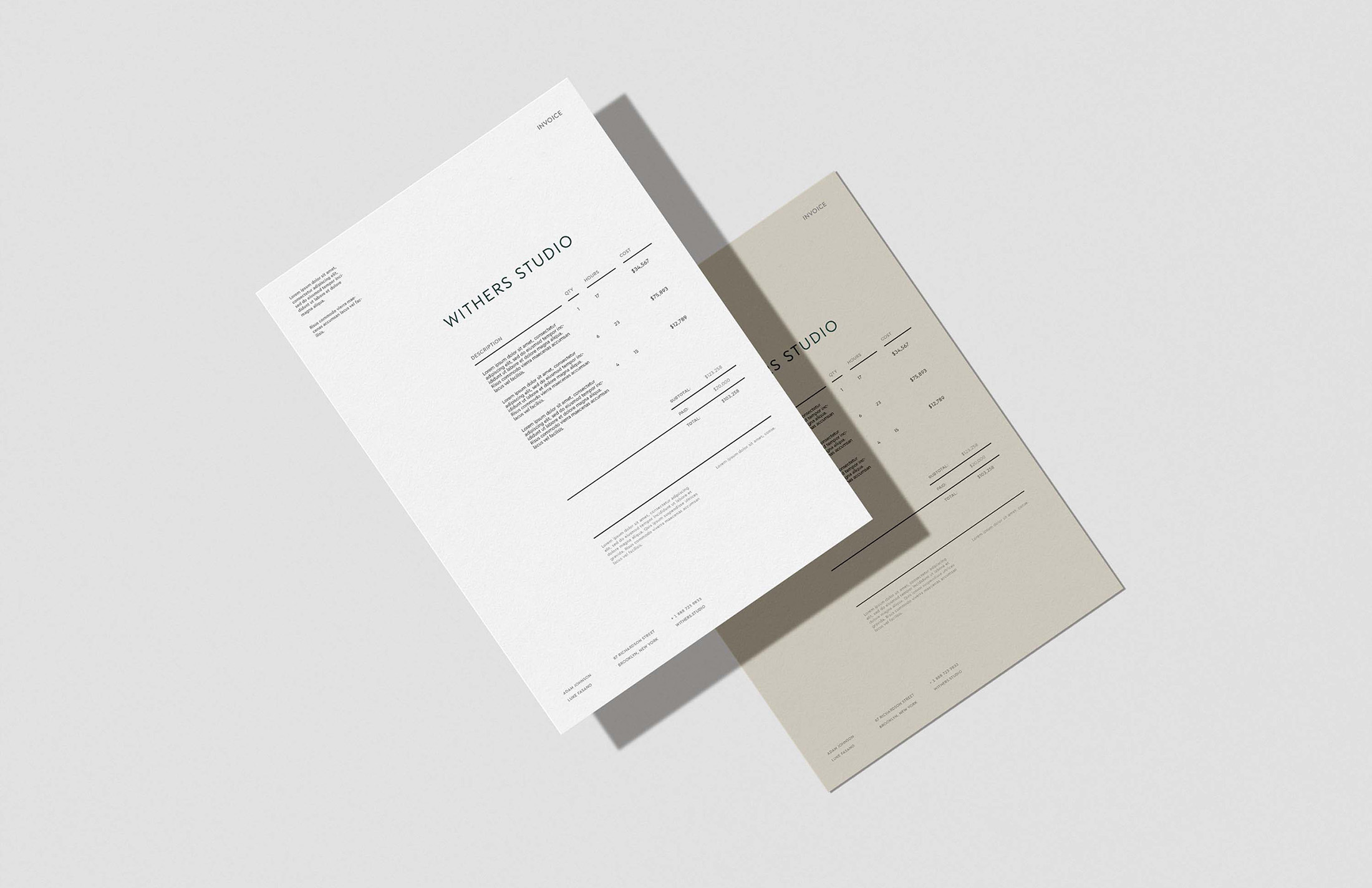 Minimalist invoice design for Withers Studio, showcasing consistent branding and clean typography on neutral-toned layouts.