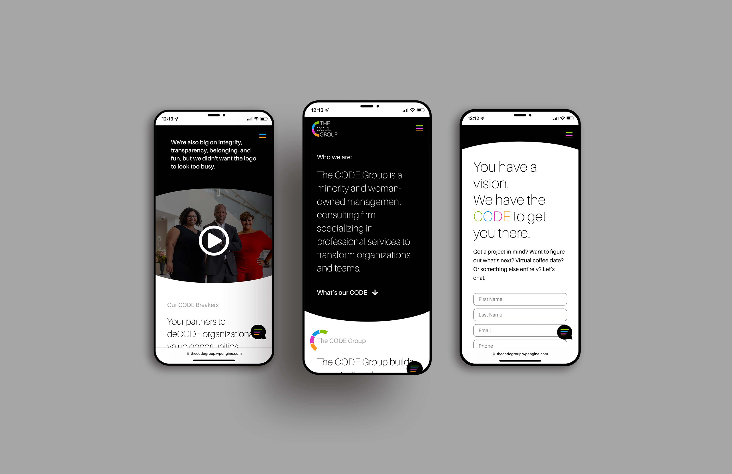 Three smartphones displaying The CODE Group’s mobile website, showcasing their services, client success stories, and a call-to-action form with a modern, user-friendly interface.