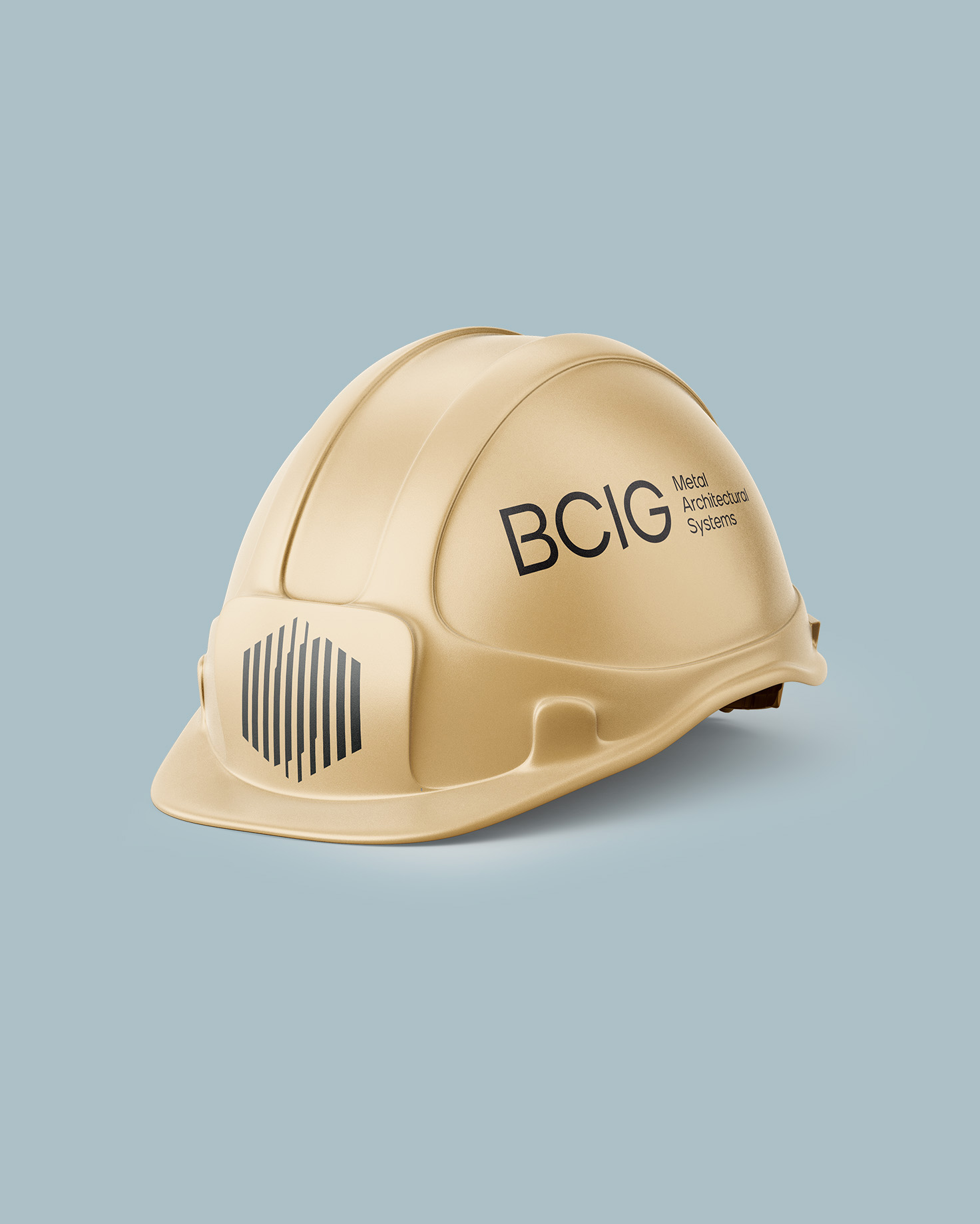 Hard hat with B&C Awnings logo, representing the brand’s integration into commercial construction and architectural industries.