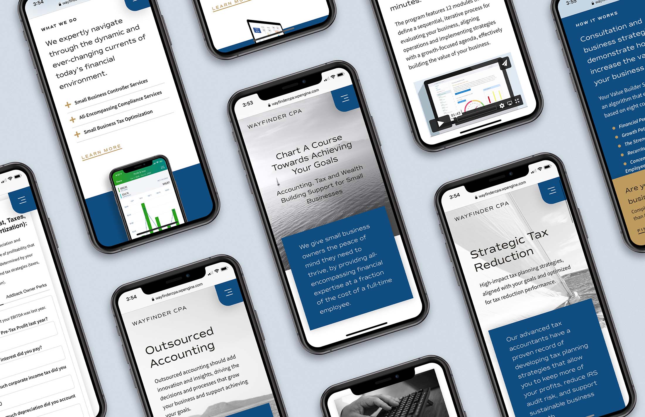 Multiple mobile screens displaying various Wayfinder CPA website features, such as outsourced accounting, tax reduction strategies, and financial insights.