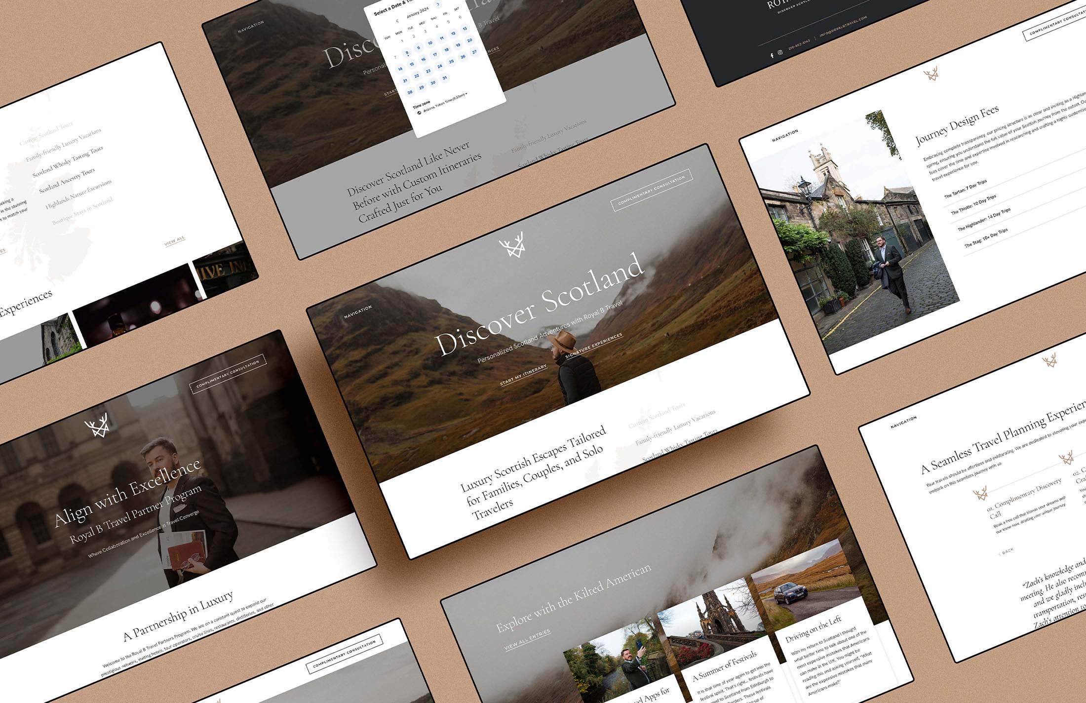 Royal B Travel website mockup showcasing multiple page layouts, including Scotland travel itineraries, custom experiences, and partner program details.