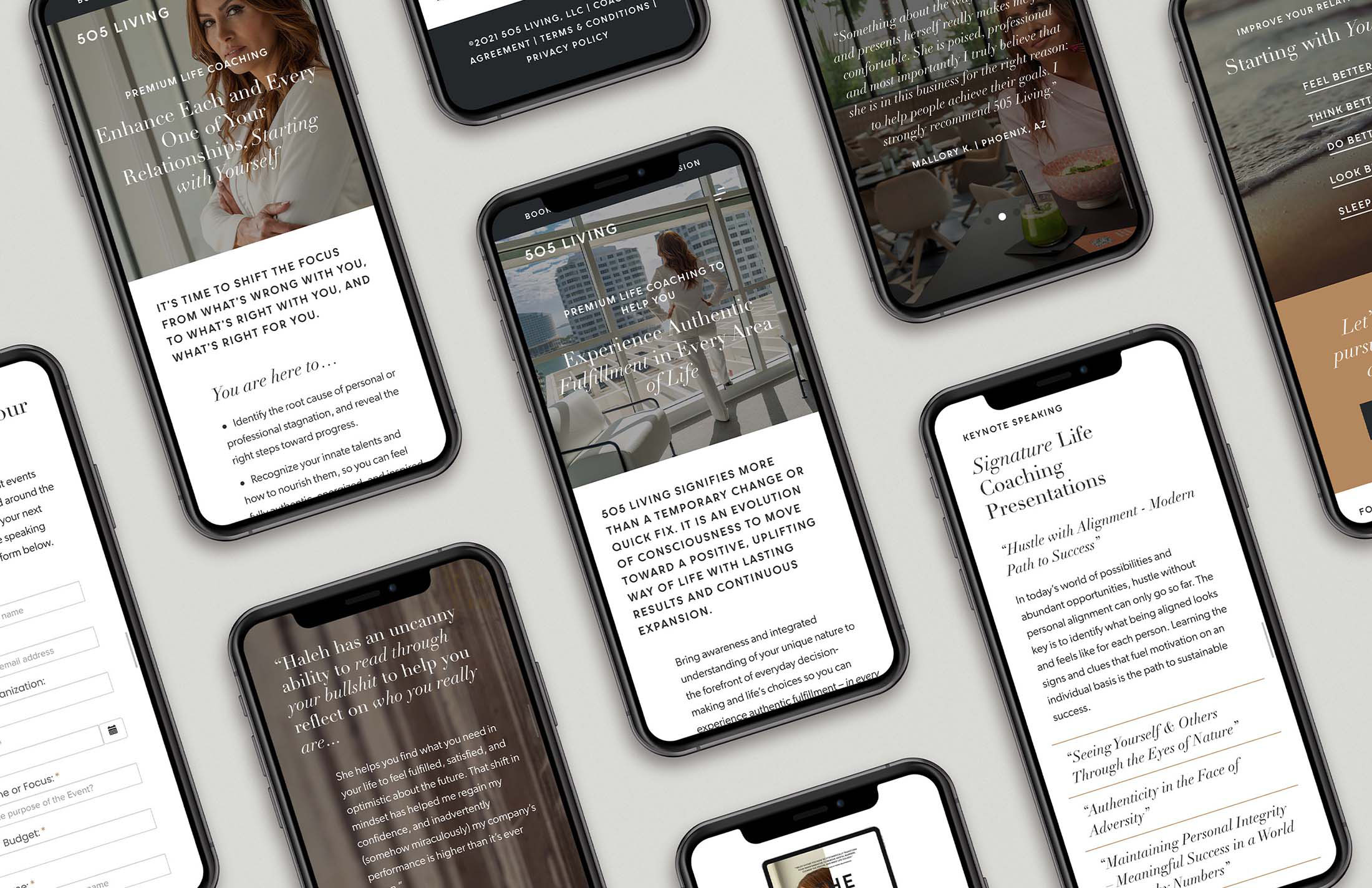 505 Living mobile website design mockups, highlighting responsive layouts, engaging user experiences, and seamless access to coaching services and resources.