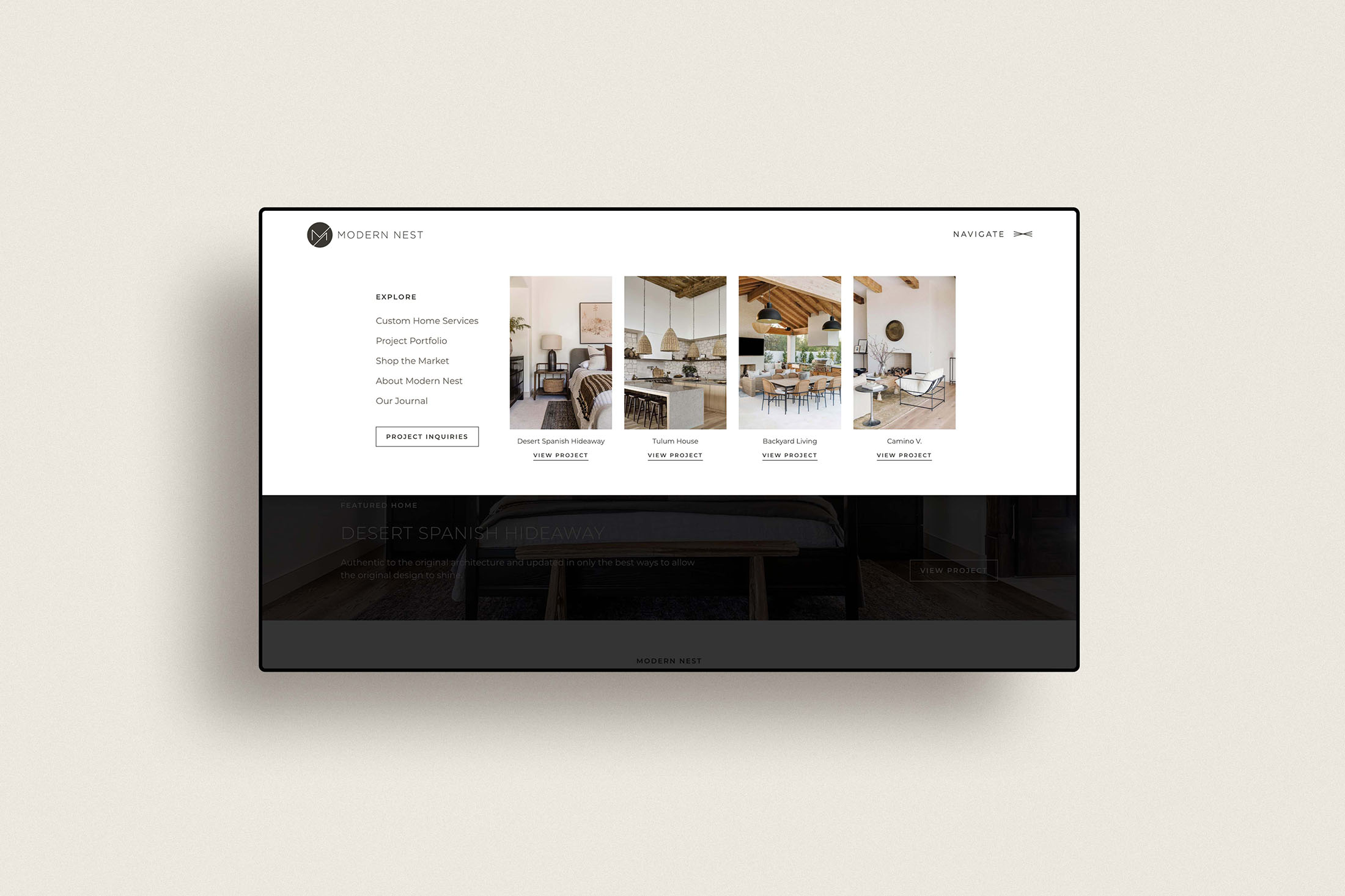 Website navigation menu showcasing Modern Nest Homes’ portfolio, services, and eCommerce platform, Market by Modern Nest.