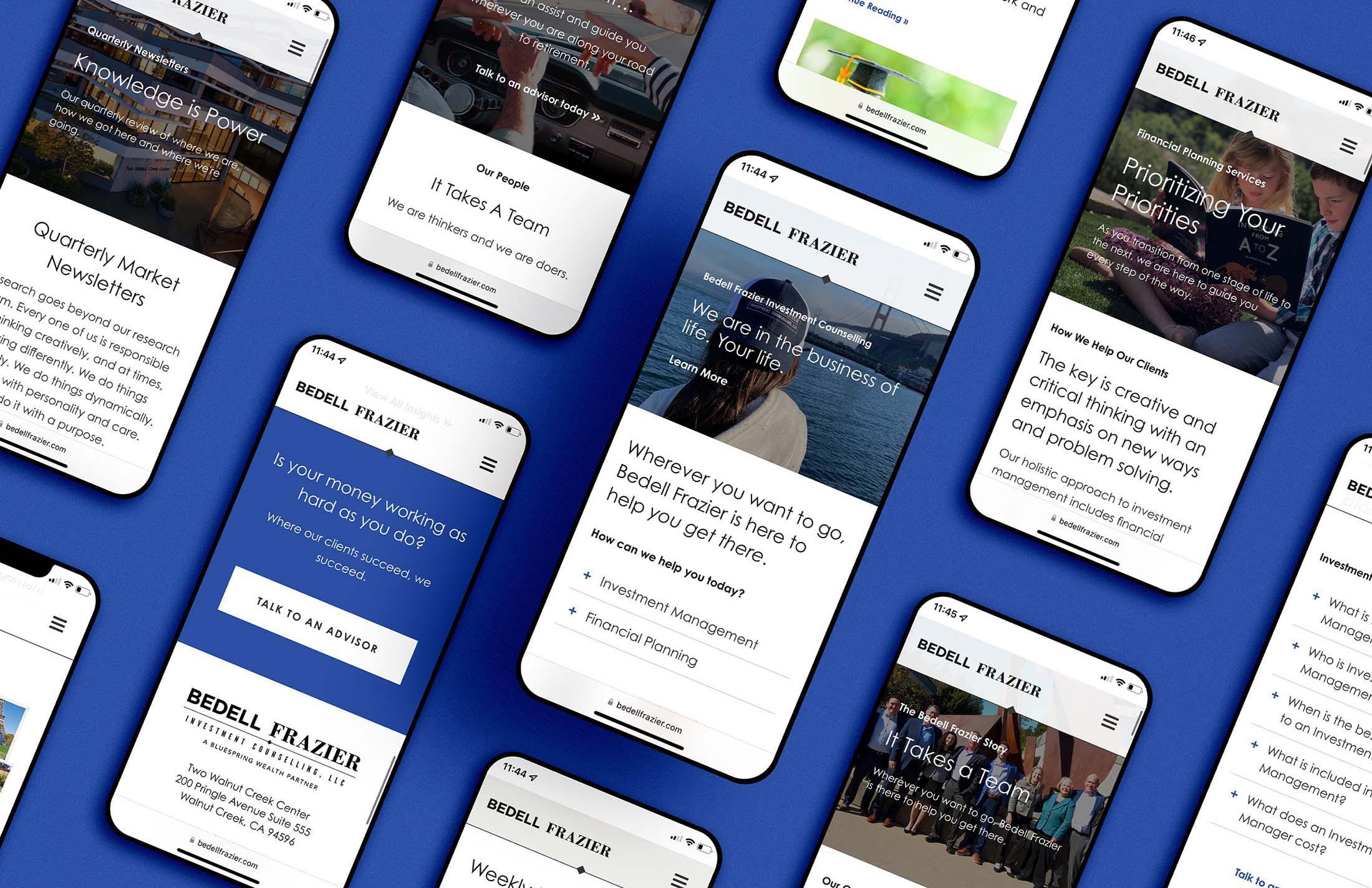 Mobile interface designs for Bedell Frazier Investment Counselling, showcasing various screens with content on investment management, financial planning, team introductions, and newsletters, all displayed on a vibrant blue background.