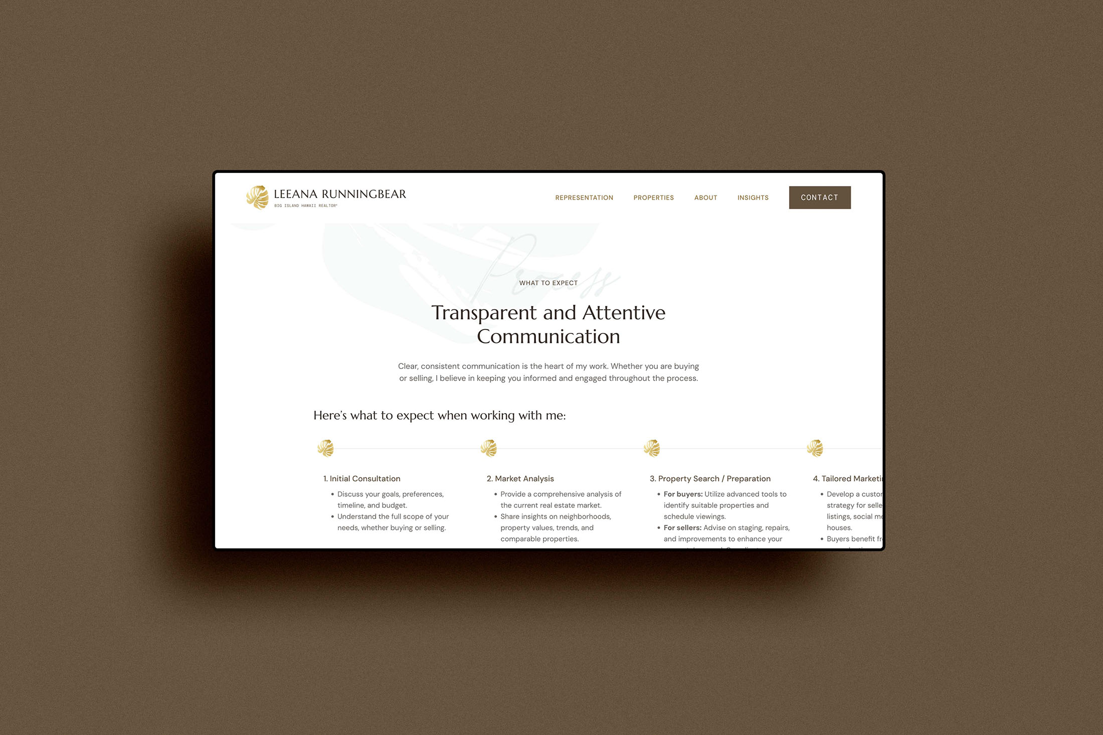 A website section detailing the process of transparent communication and what to expect when working with Leeana Runningbear, displayed on a sleek and responsive design.